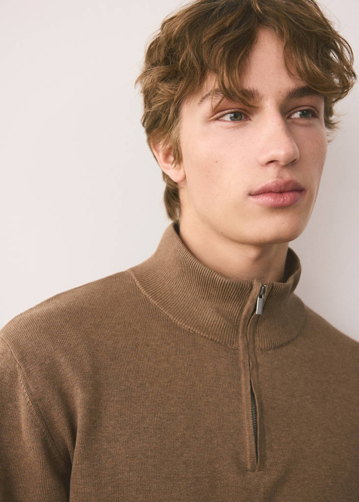 Perkins-neck sweater with zip — Tobacco Brown