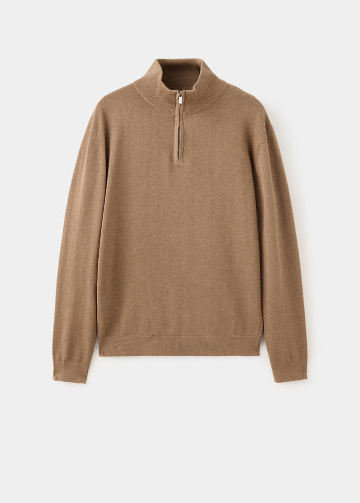 Perkins-neck sweater with zip — Tobacco Brown