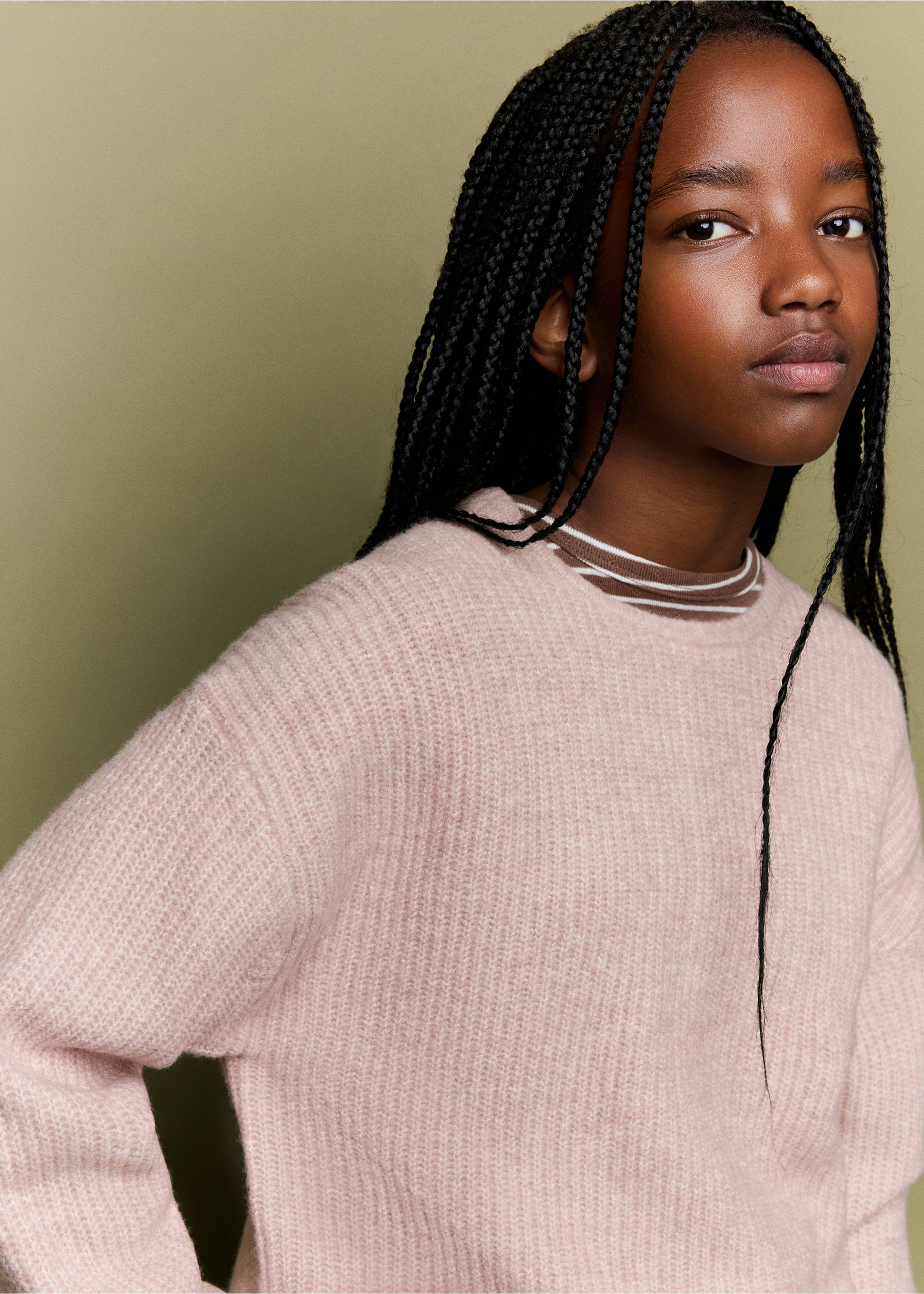 Close-up of a light pink ribbed knit jumper with a round neck., Pink. Ref: 37005163-00.