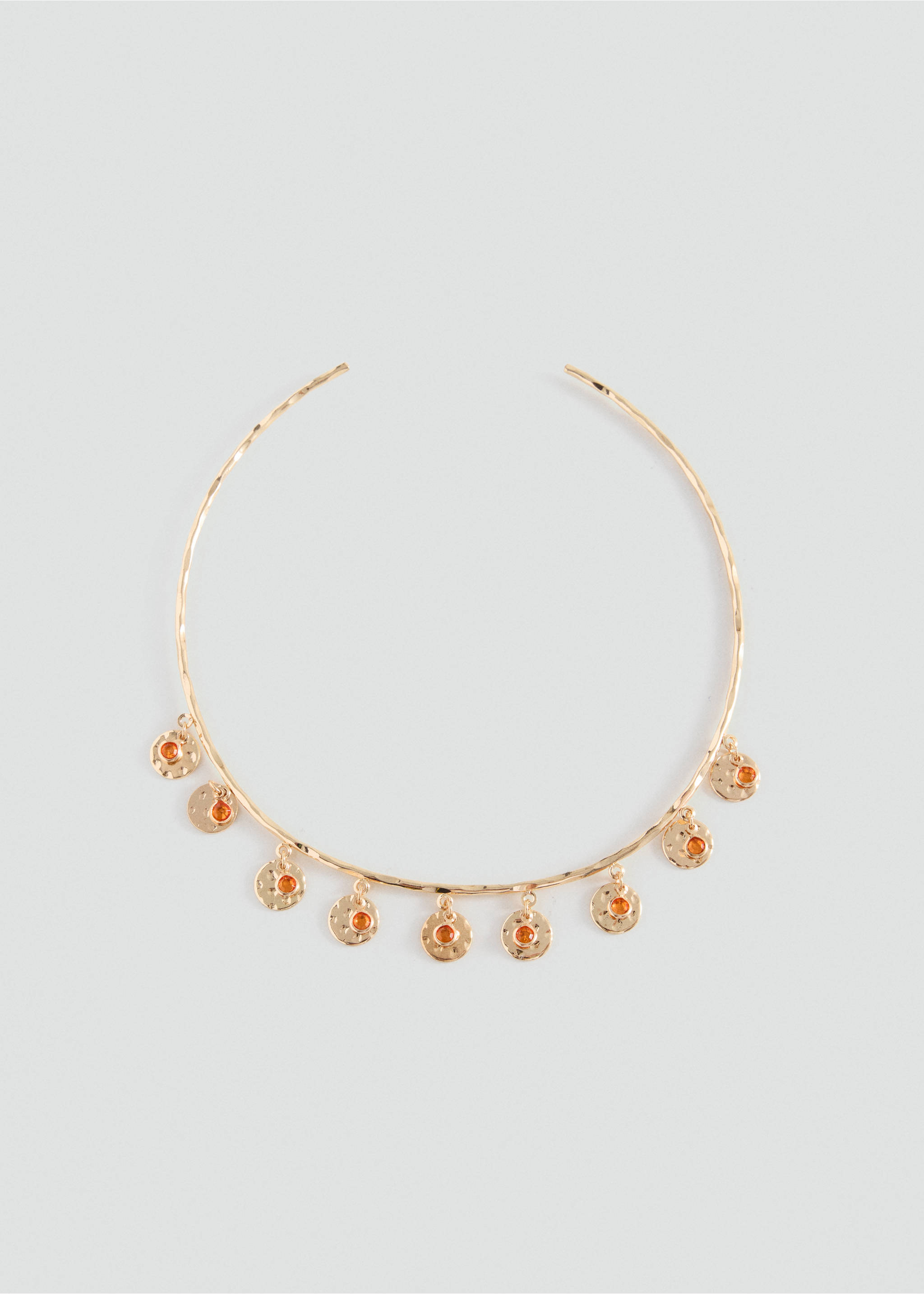 Gold-tone rigid collar necklace with hanging textured disc charms inset with orange stones., Gold. Ref: 37005198-00.