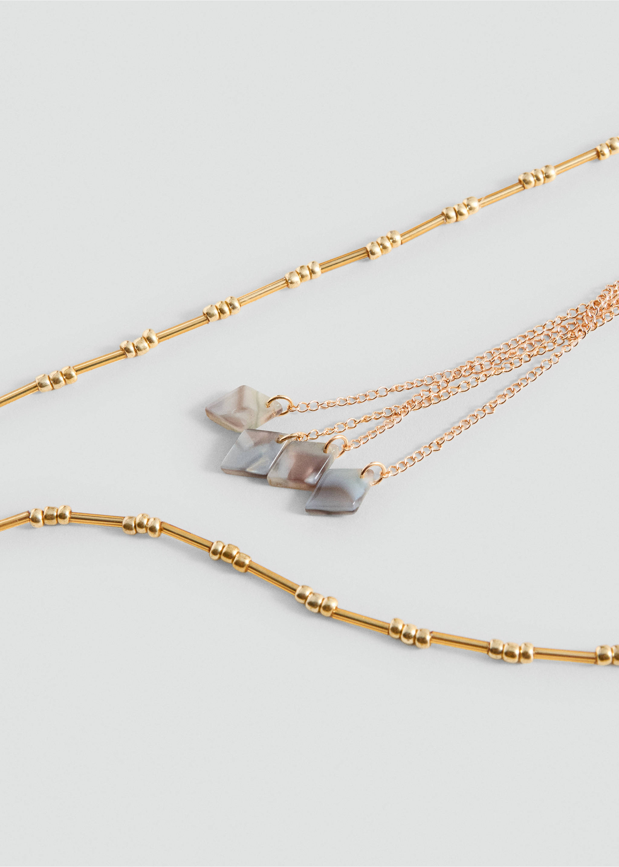 Gold-toned collar necklace with bead chains and diamond pendants., Silver. Ref: 37005199-00.