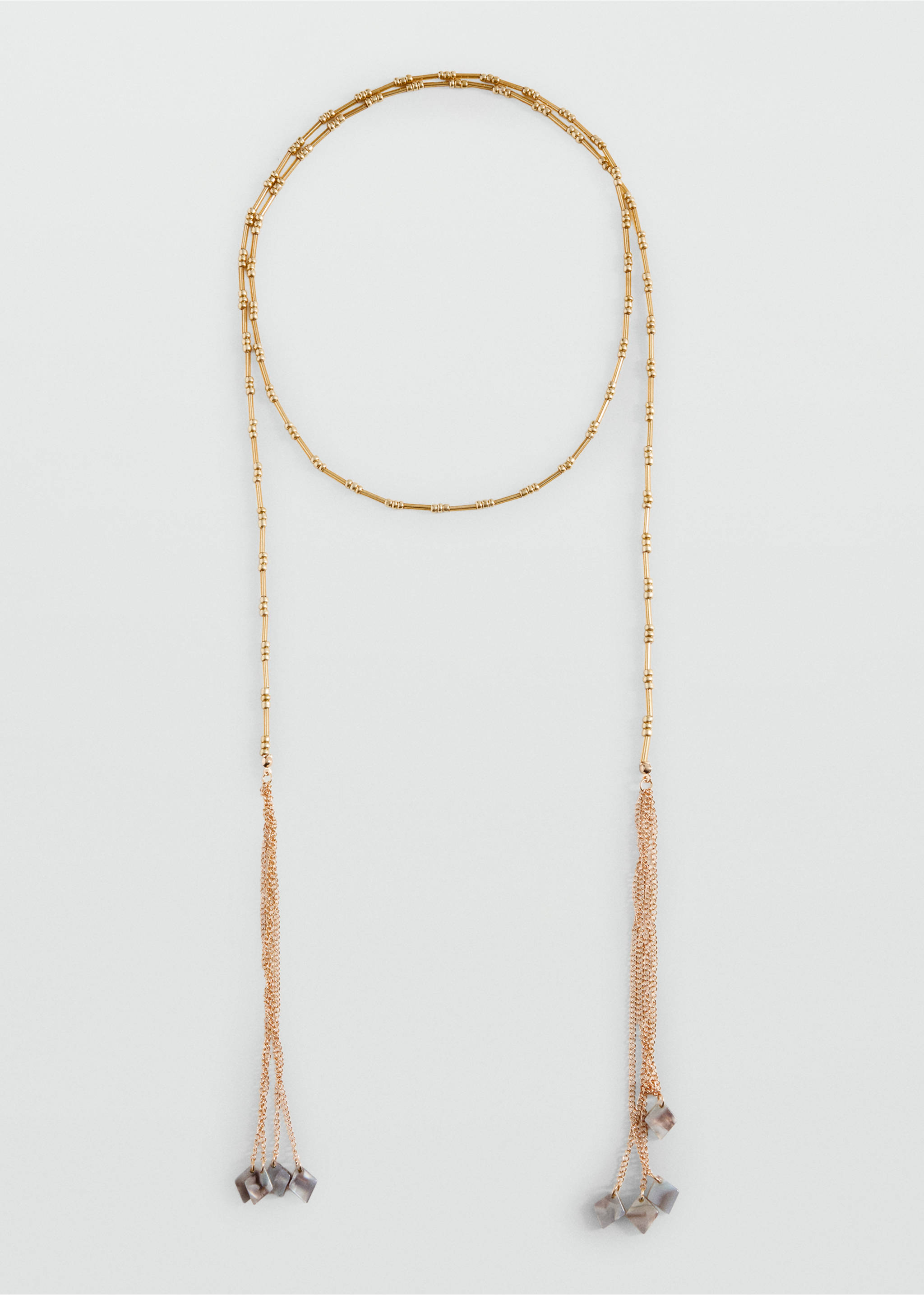 Long gold-coloured metallic necklace with fine chains and grey charms., Silver. Ref: 37005199-00.