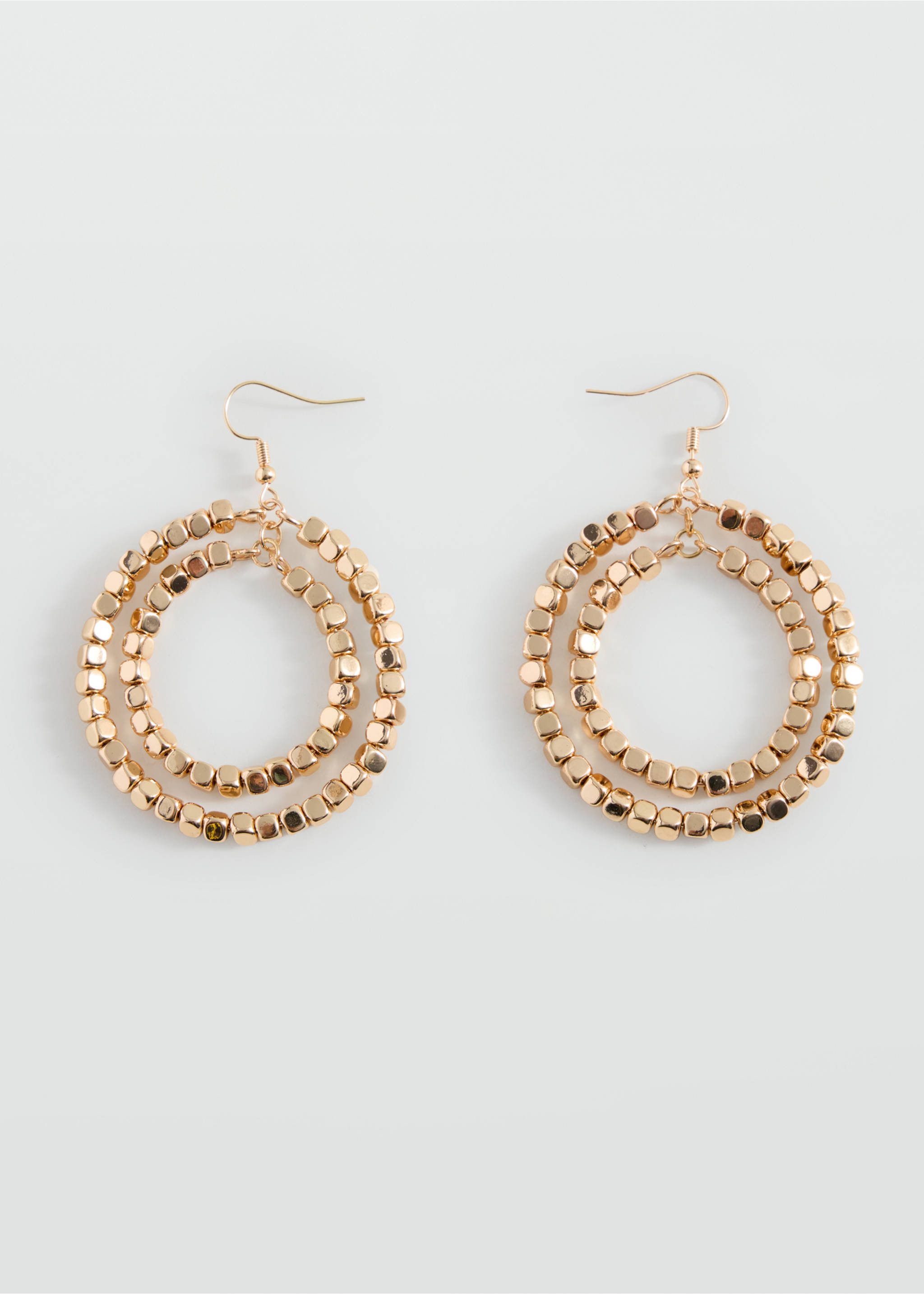Gold-coloured drop earrings with double concentric hoops made of small cube beads., Gold. Ref: 37005201-00.
