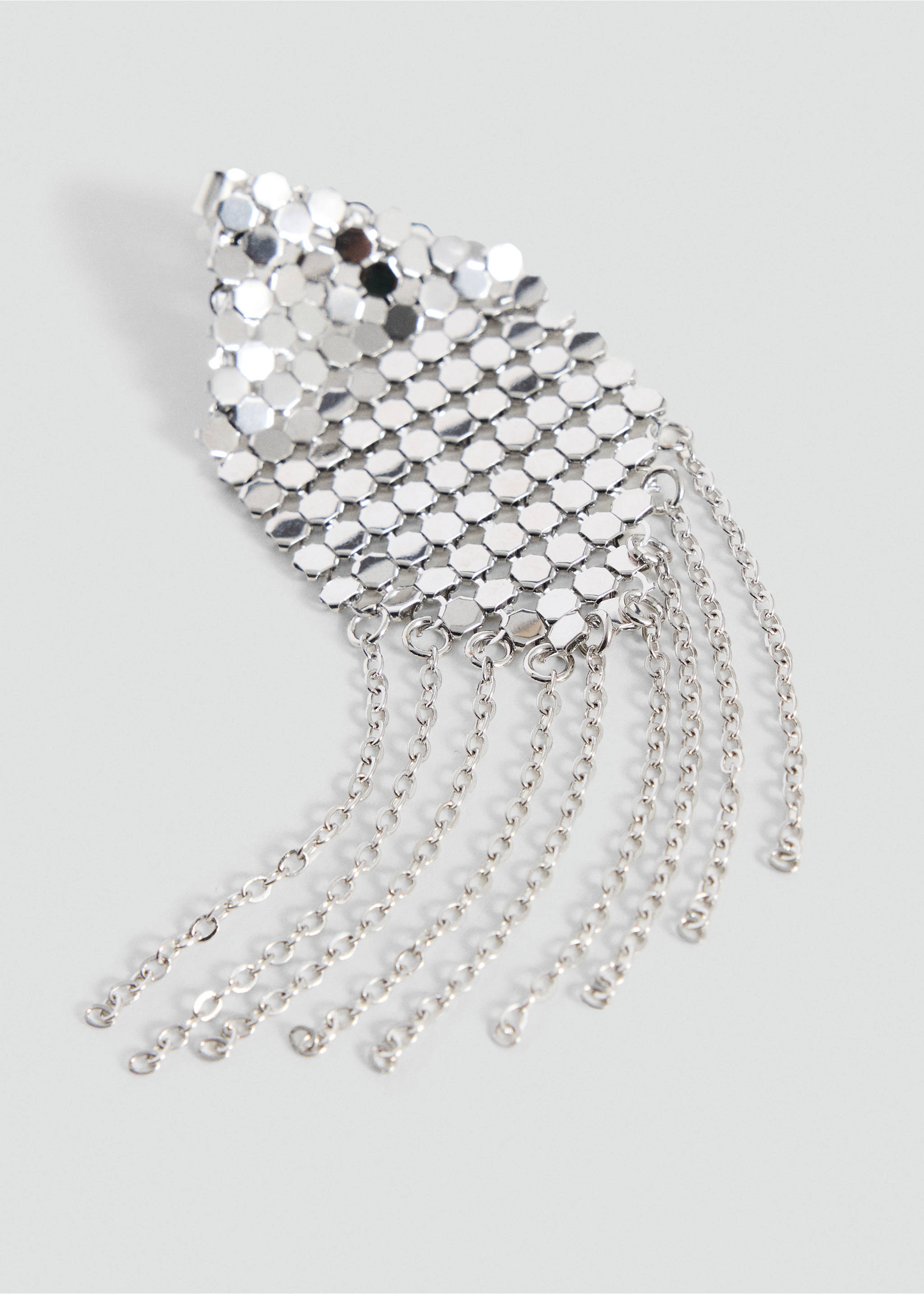 Silver earring with hexagonal metallic plates and dangling chain fringe., Silver. Ref: 37005203-00.