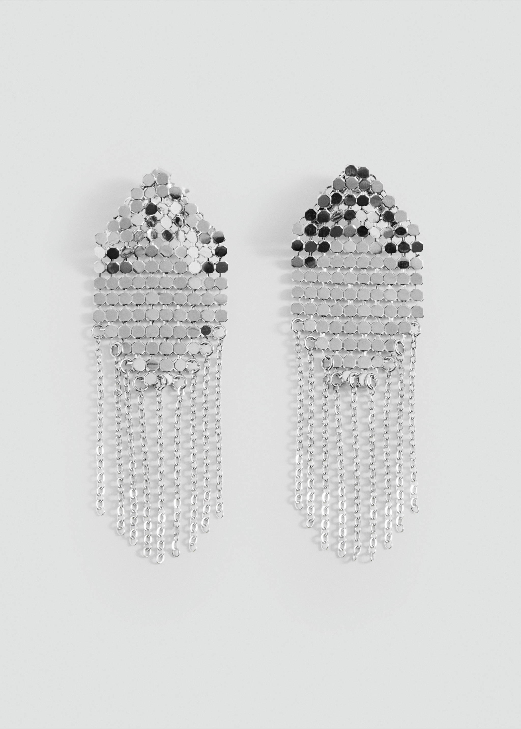 Silver metal mesh earrings with pointed studs and delicate chain fringe., Silver. Ref: 37005203-00.