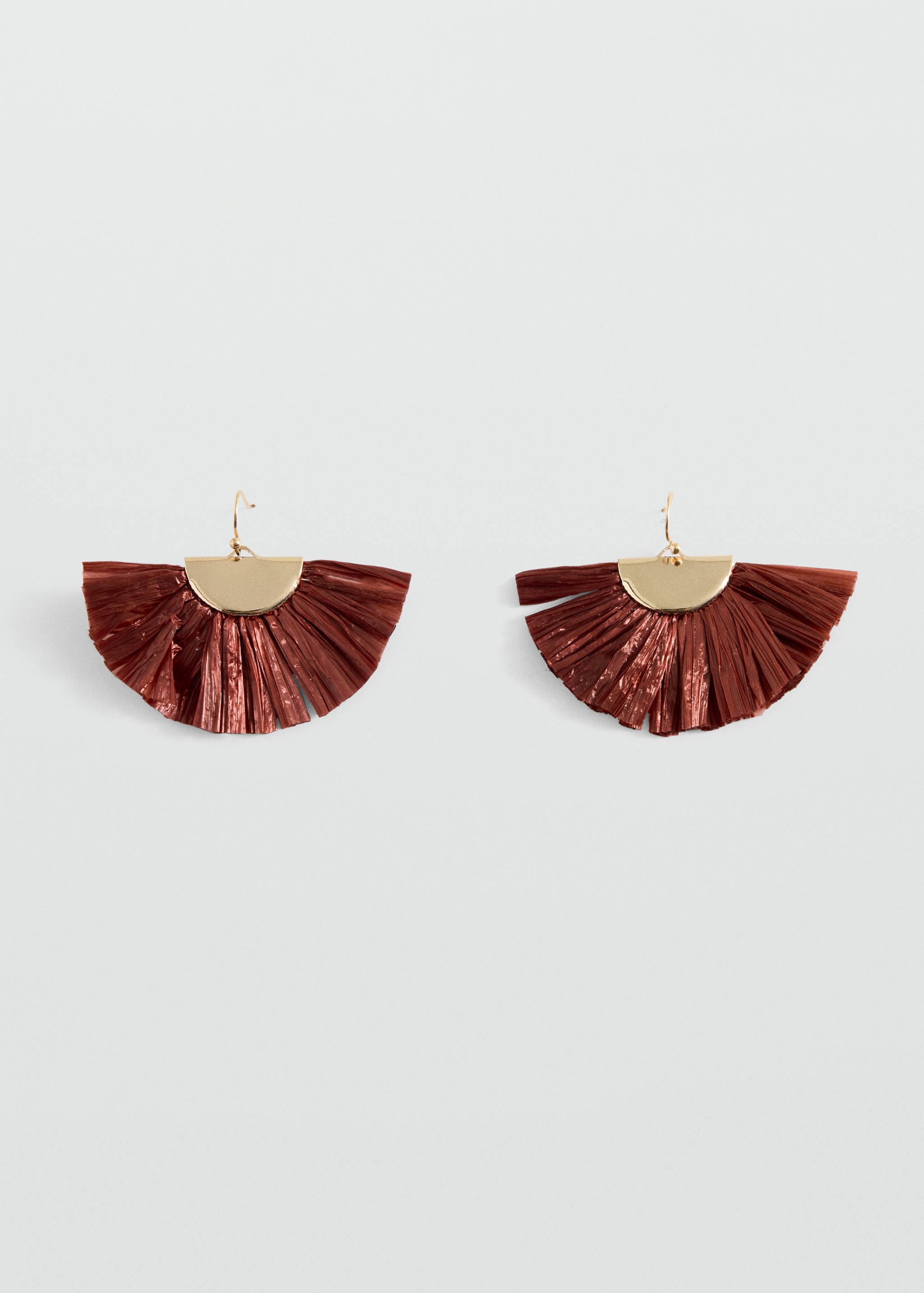 Brown fan-shaped earrings with a gold-toned semi-circular top and hook closure.