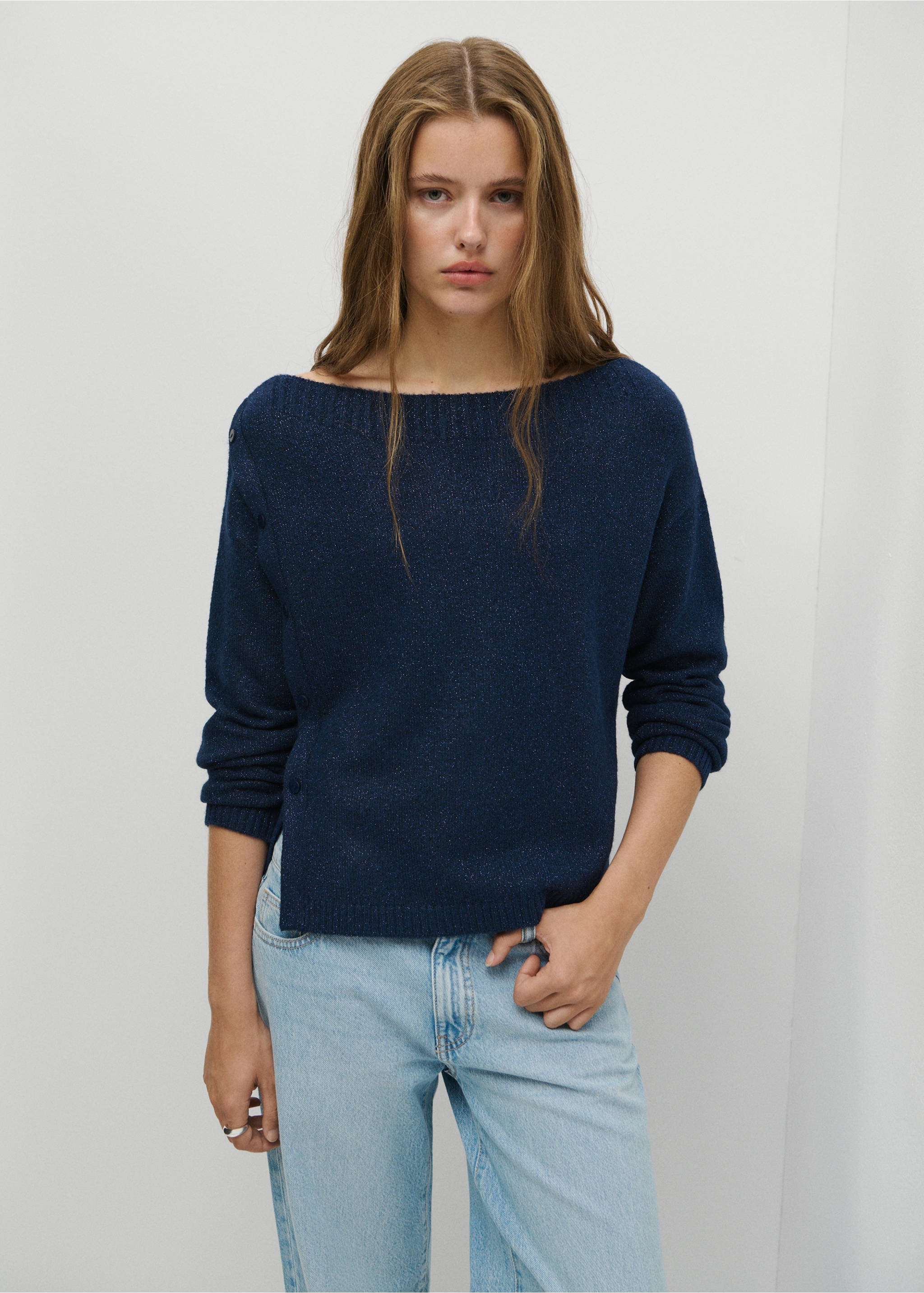 Lurex jumper with buttons - Medium plane, Navy. Ref: 37005853-00.