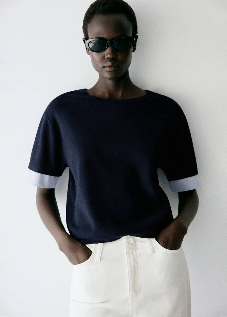 Layered knit jumper with shirt — Navy