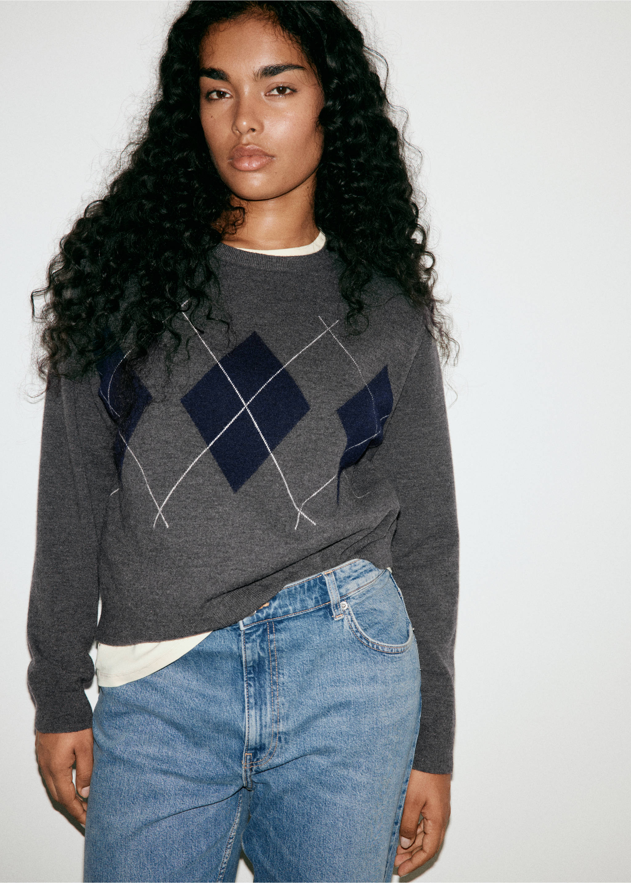 Pull maille losanges - Détail de l'article 6, Gris chiné moyen. Ref: 37005863-00.