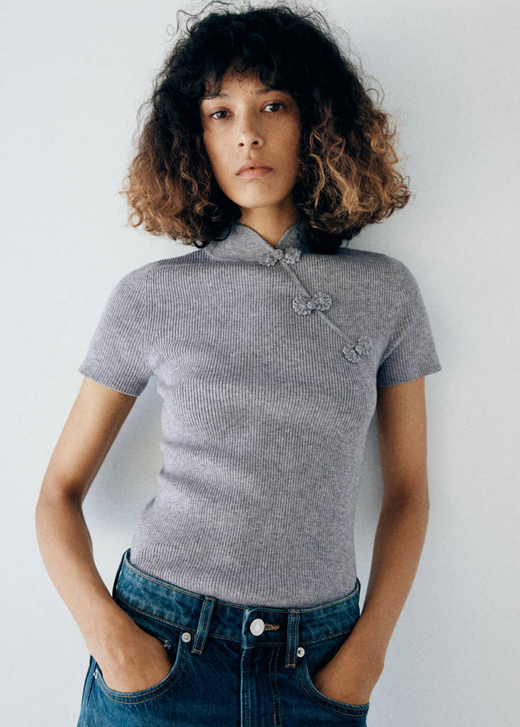 Ribbed knitted jumper with frog closures — Medium Heather Grey