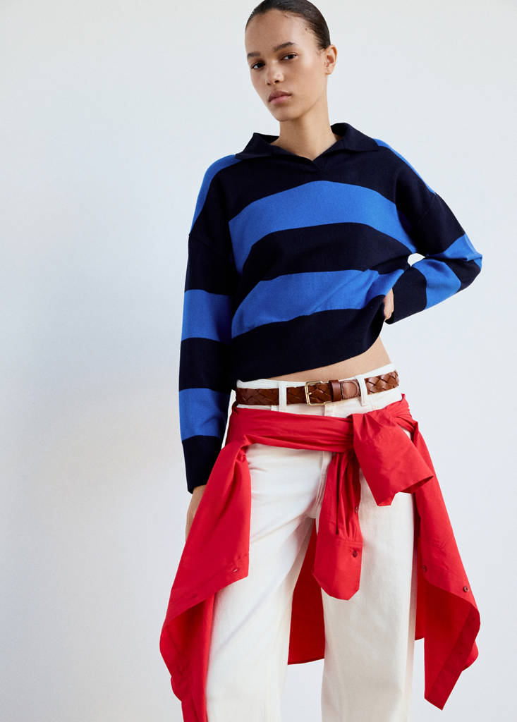 Striped polo-neck sweater — Navy