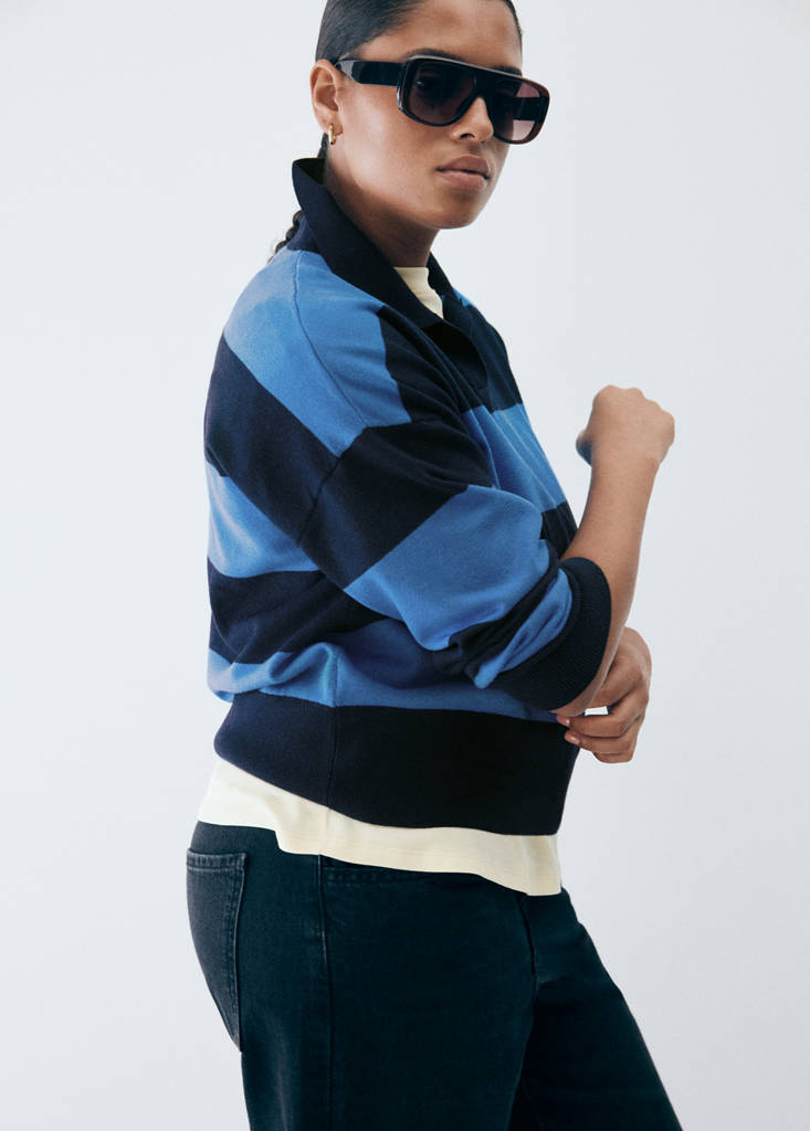 Striped polo-neck sweater — Navy