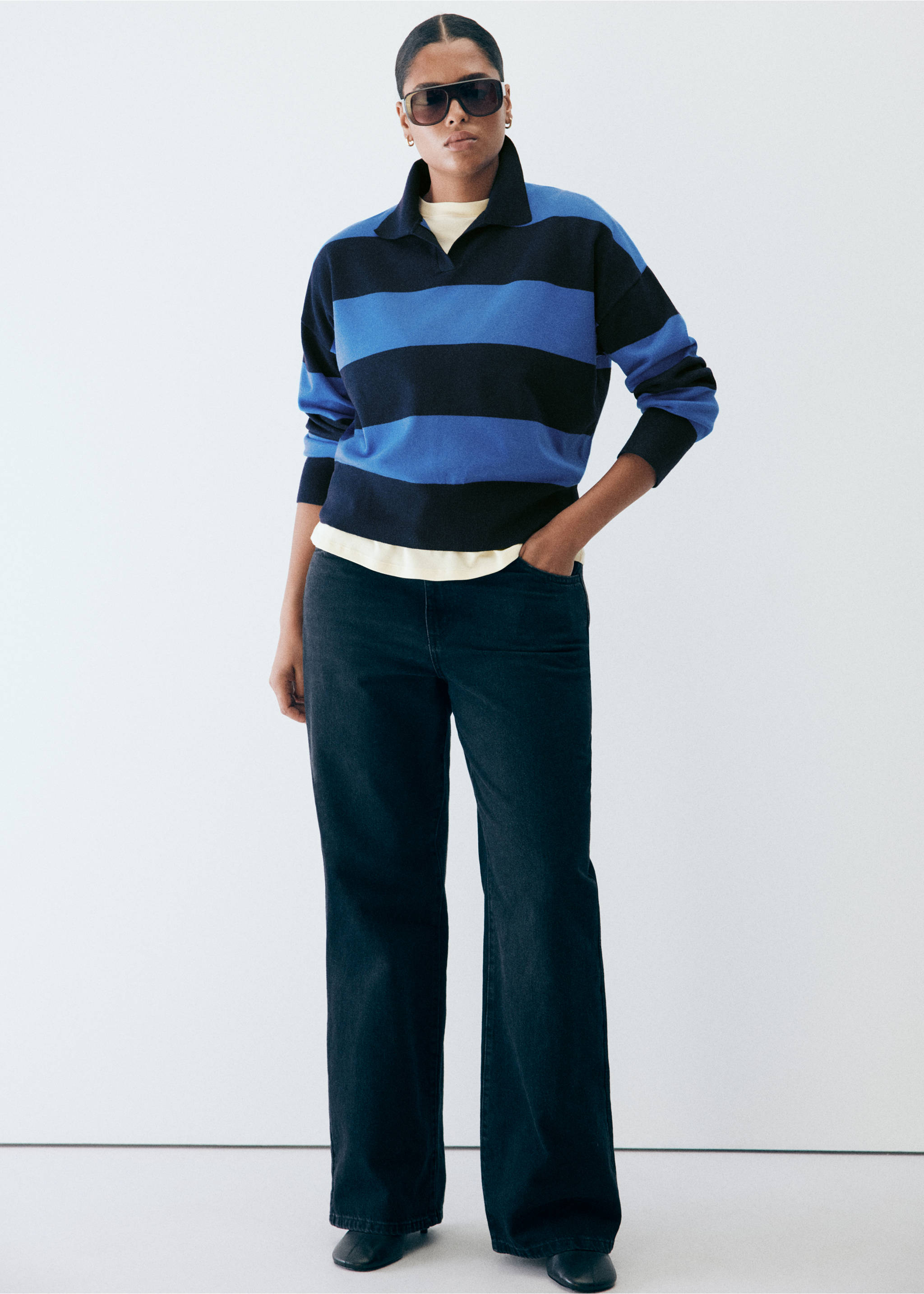 Striped polo-neck sweater - Details of the article 5, Navy. Ref: 37005867-00.