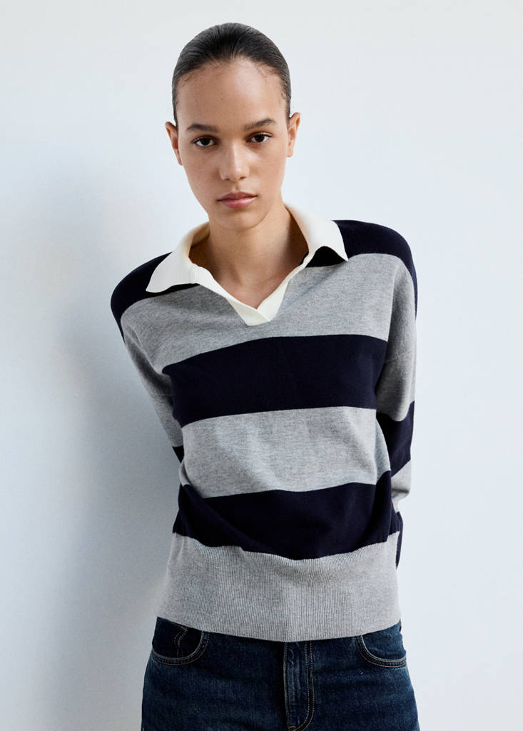 Striped polo-neck sweater — Medium Heather Grey