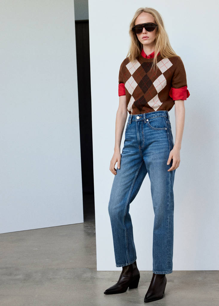 Short-sleeve diamond-pattern jumper — Brown