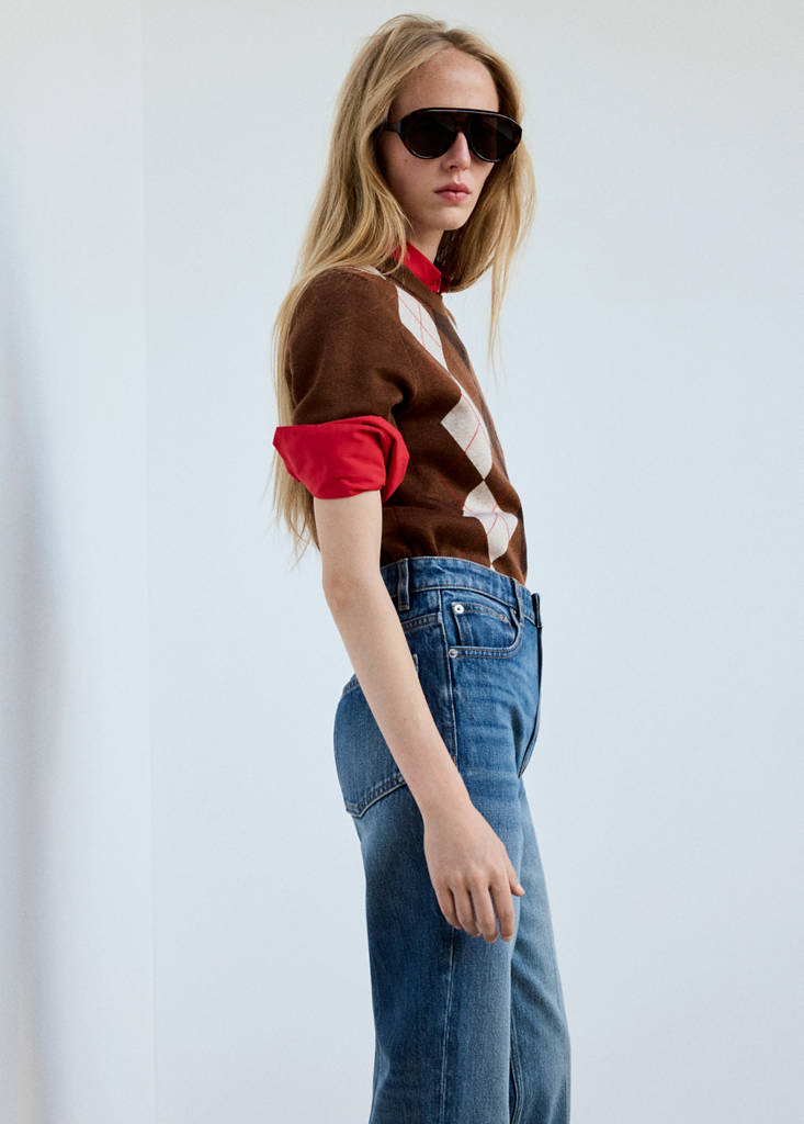 Short-sleeve diamond-pattern jumper — Brown