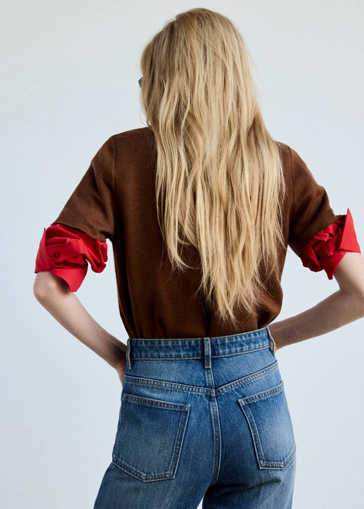 Short-sleeve diamond-pattern jumper — Brown