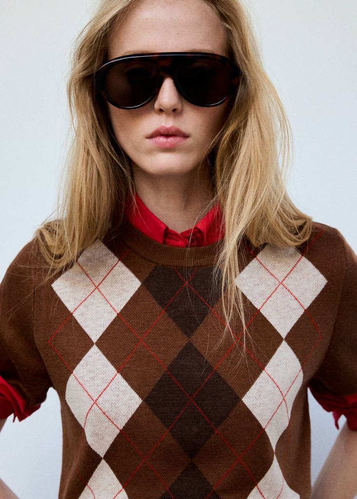 Short-sleeve diamond-pattern jumper — Brown