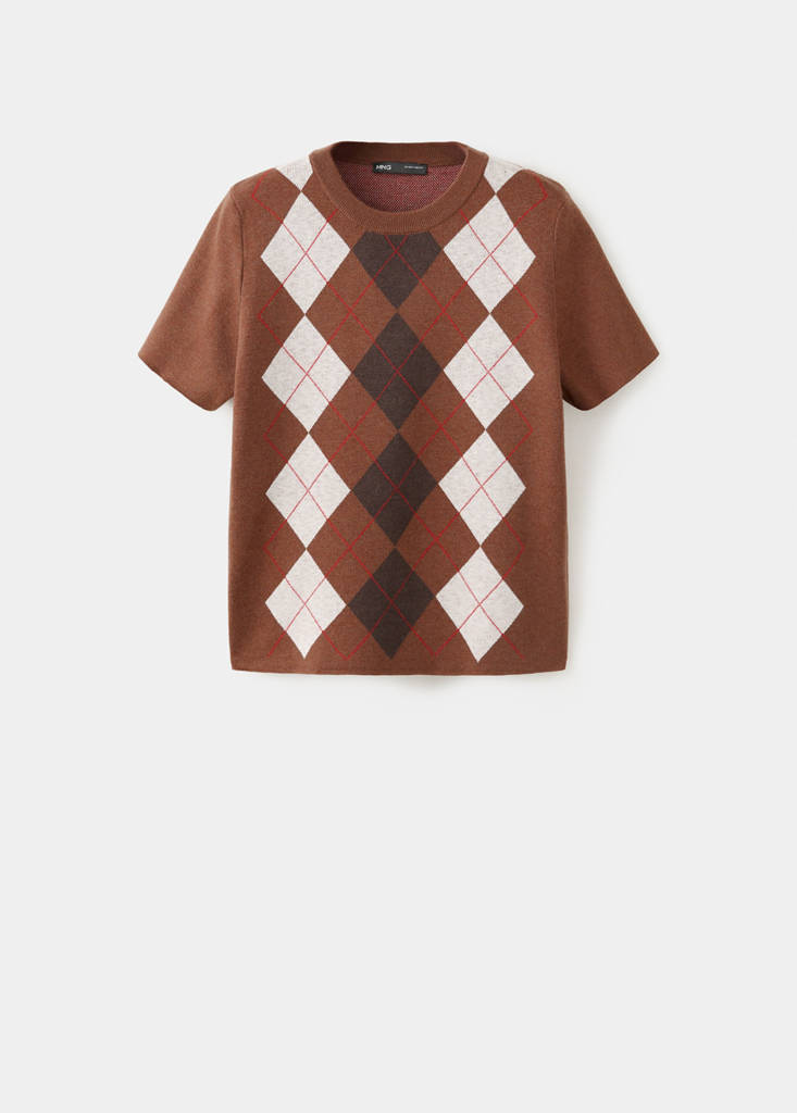 Short-sleeve diamond-pattern jumper — Brown