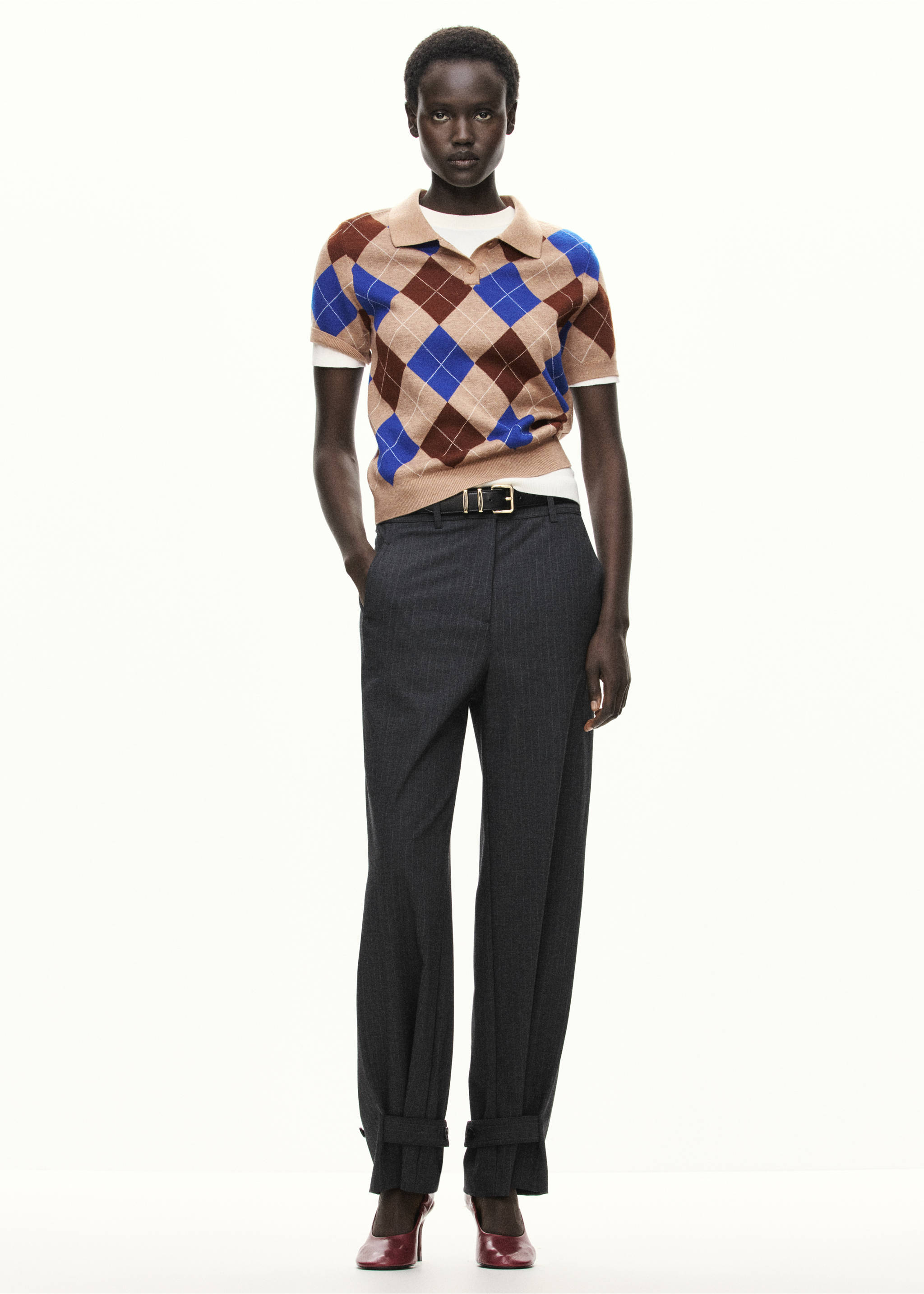 Argyle polo neck sweater - General plane, Medium Brown. Ref: 37005871-00.