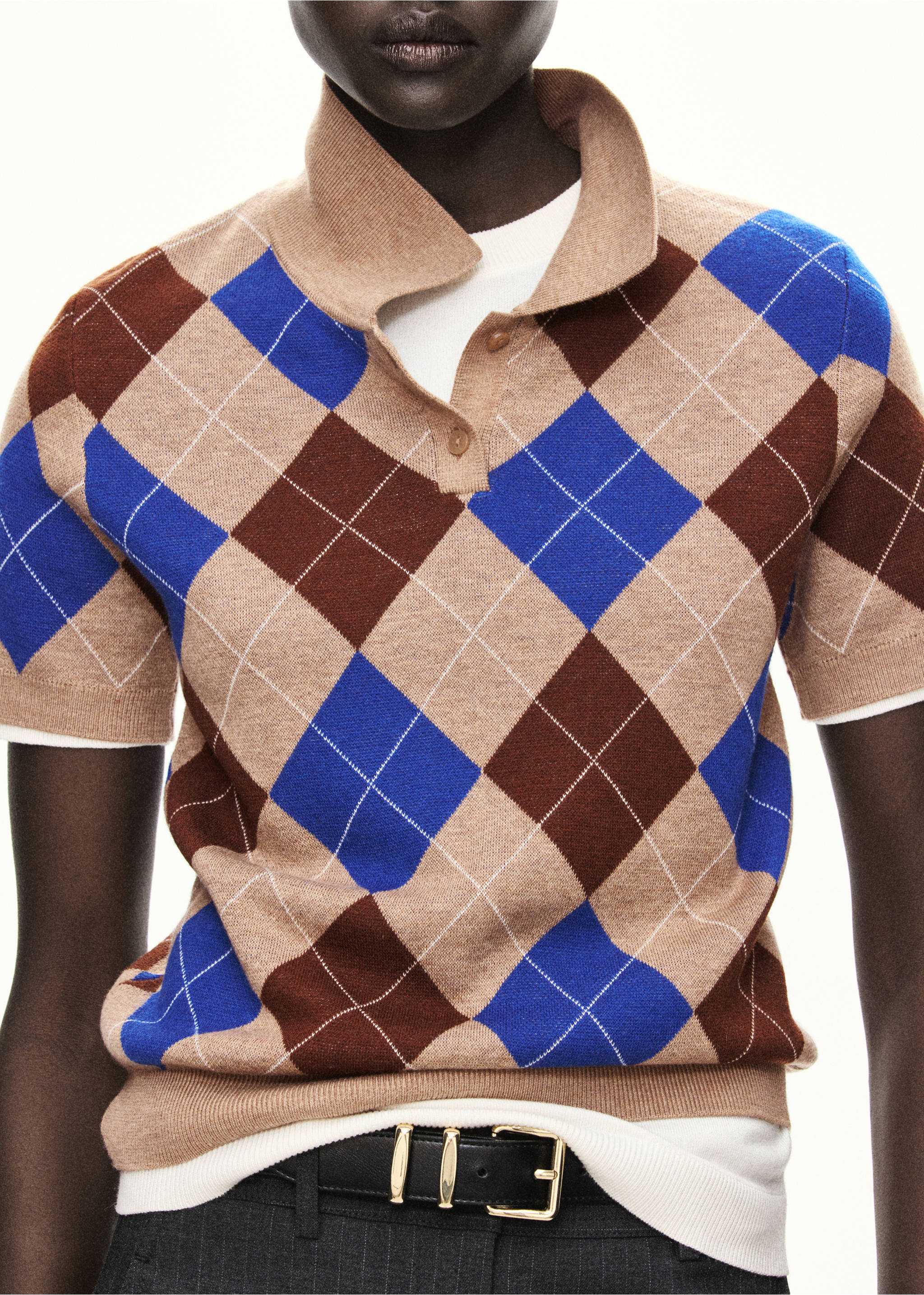 Argyle polo neck sweater - Details of the article 1, Medium Brown. Ref: 37005871-00.