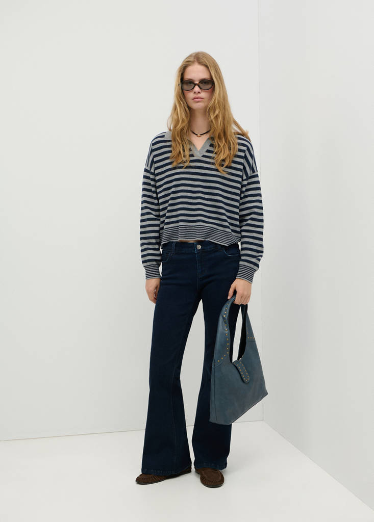 Striped polo neck sweater — Dark Navy
