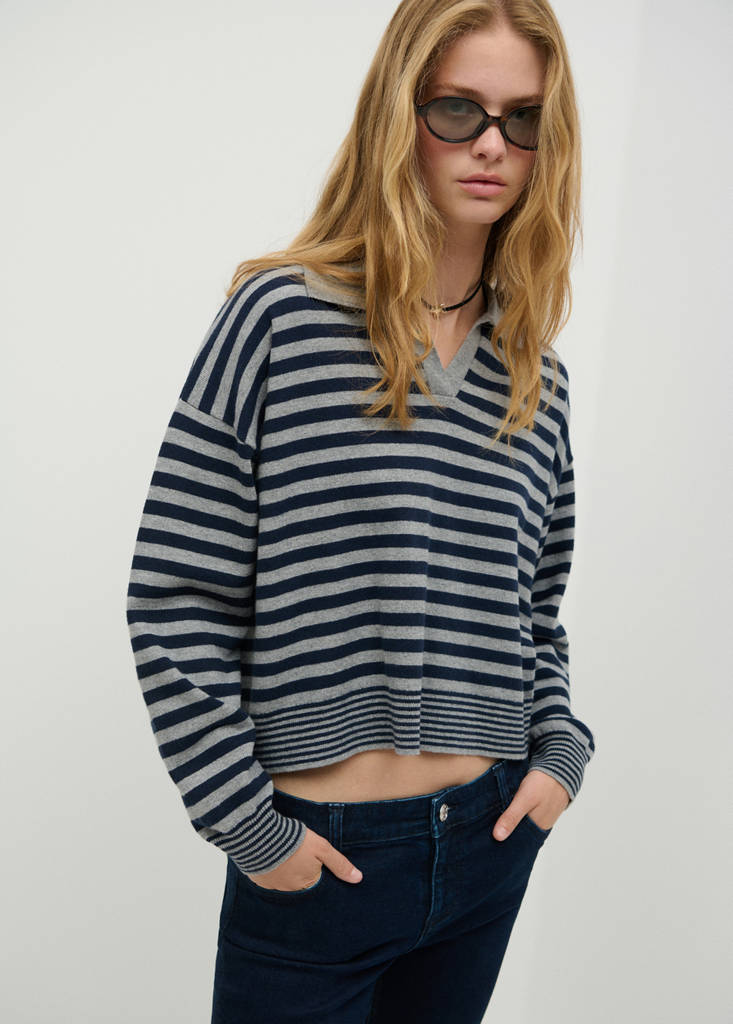 Striped polo neck sweater — Dark Navy