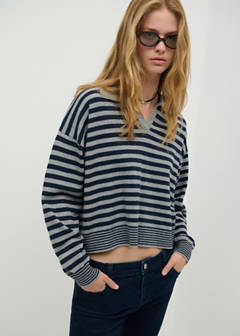 Striped polo neck sweater — Dark Navy 1