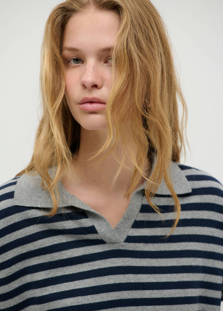 Striped polo neck sweater — Dark Navy