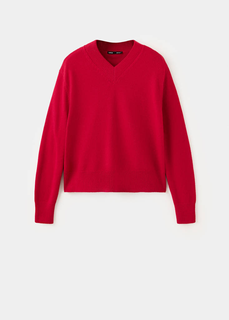 V-neck knit sweater — Red