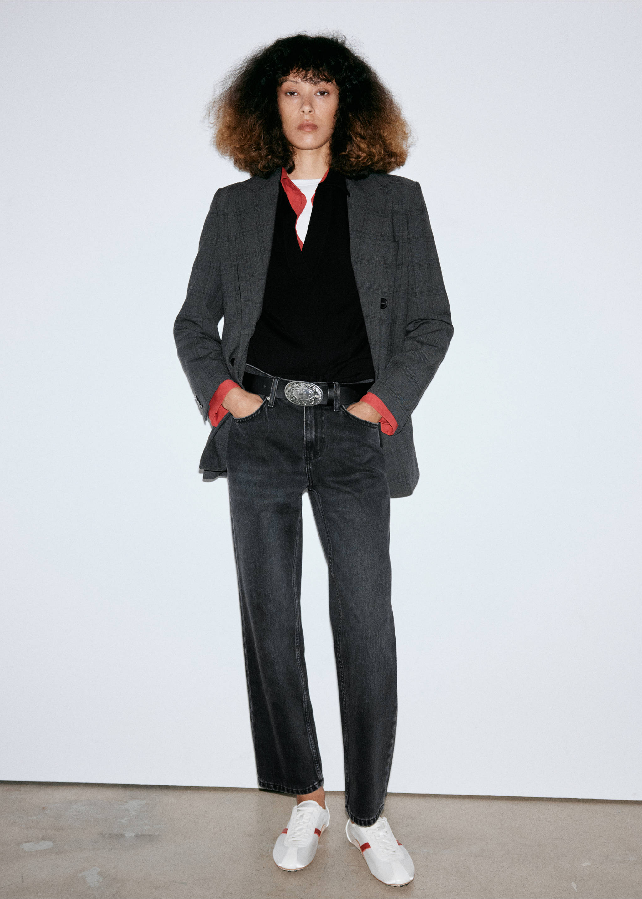Dark grey denim trousers worn with a black top, red-collared shirt, plaid blazer, and white sneakers., Black denim. Ref: 37005888-01.