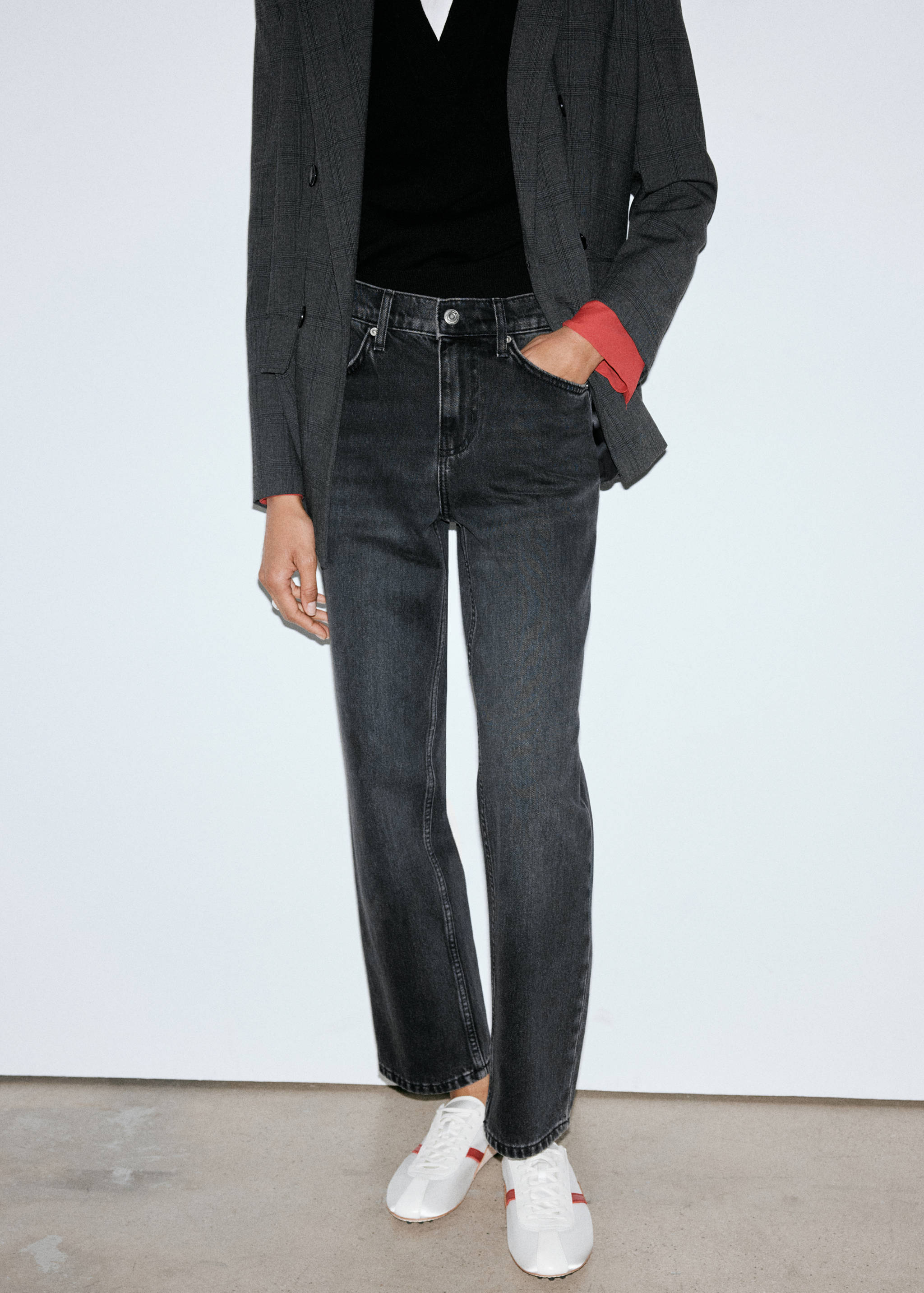 Dark grey wash straight-leg jeans with a mid-rise waist.