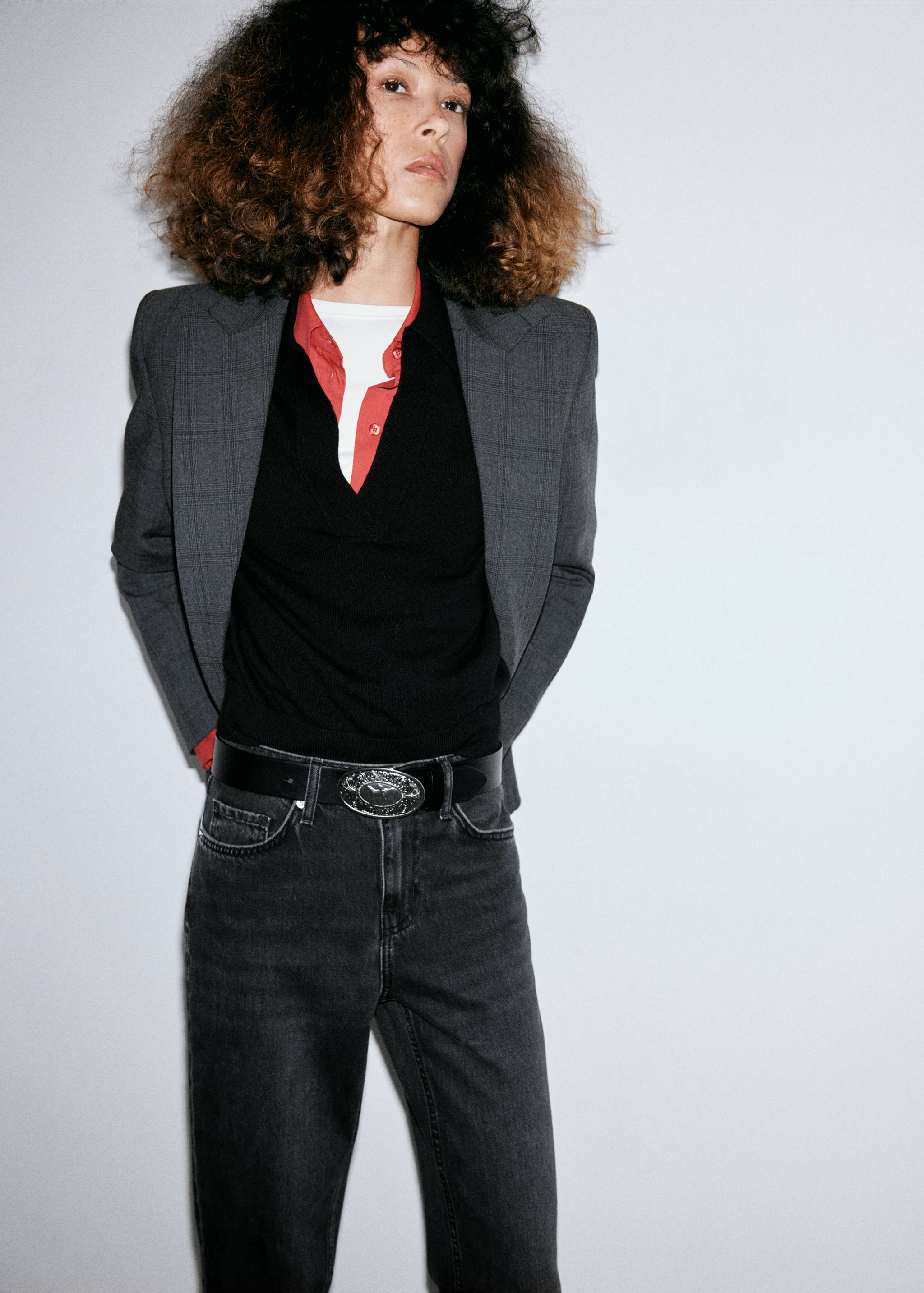 Grey denim jeans worn with a black belt, checked blazer and layered tops., Black denim. Ref: 37005888-01.