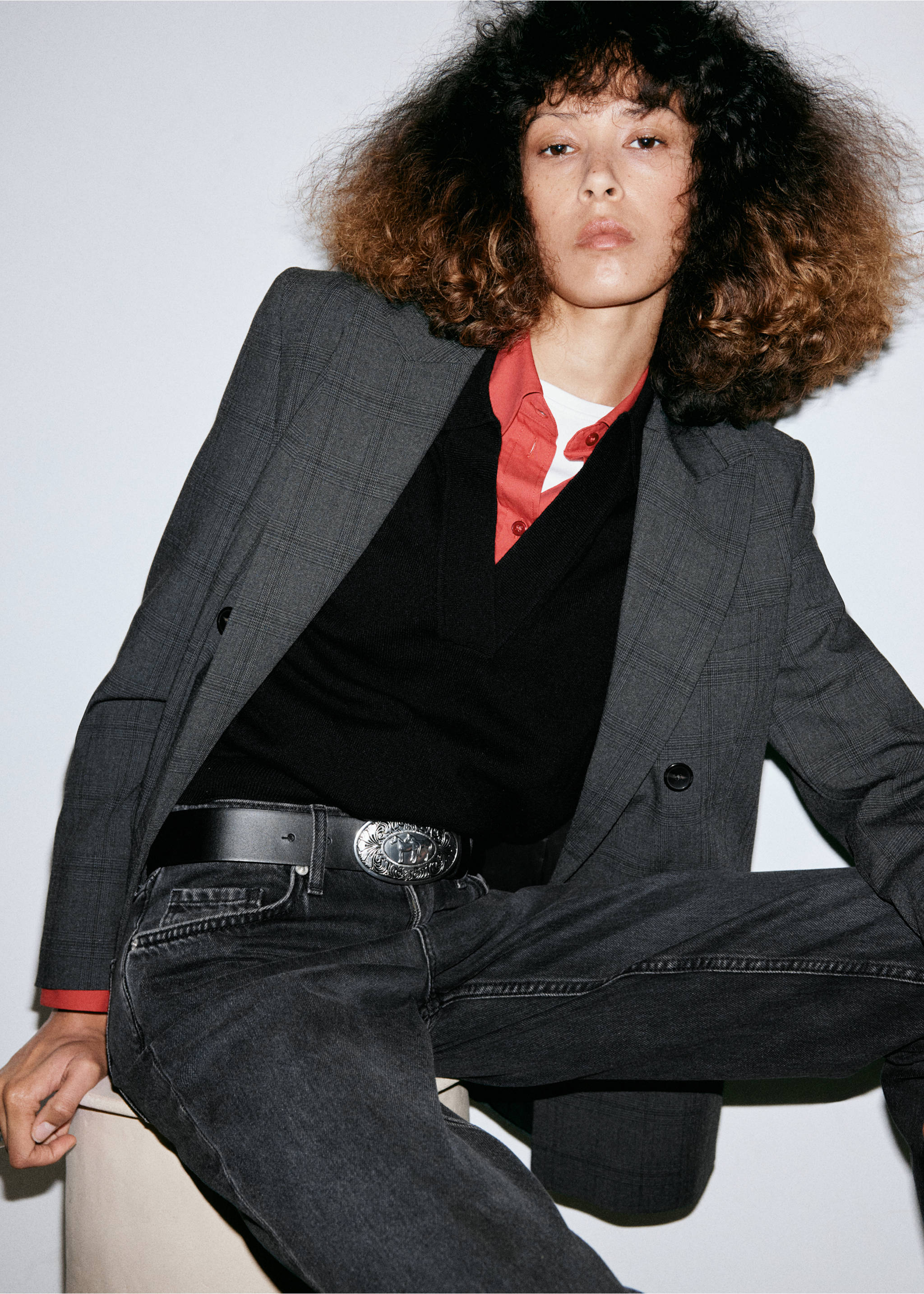 Dark grey wash denim jeans worn with a black belt and layered blazer., Black denim. Ref: 37005888-01.
