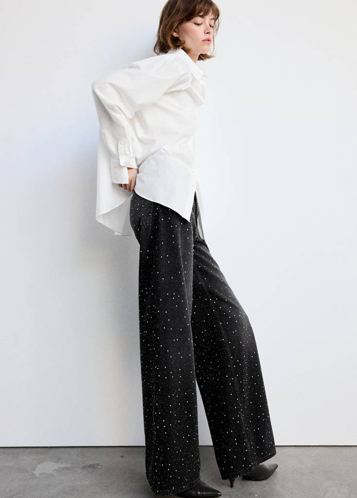 Wide leg jeans with rhinestones — Black denim