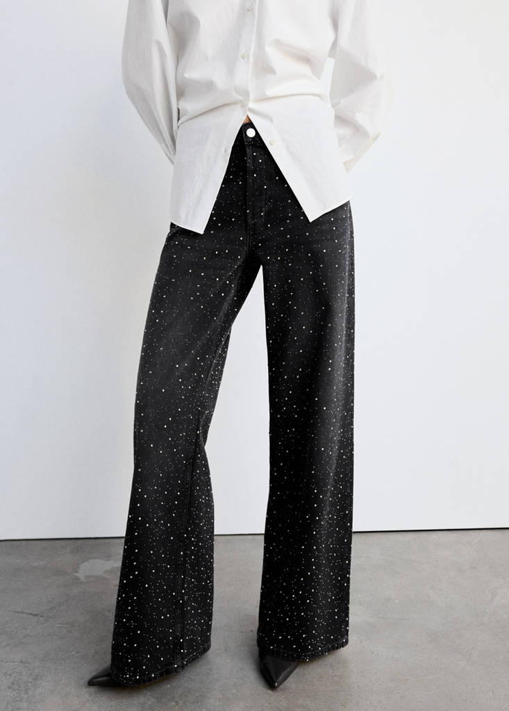 Wide leg jeans with rhinestones — Black denim