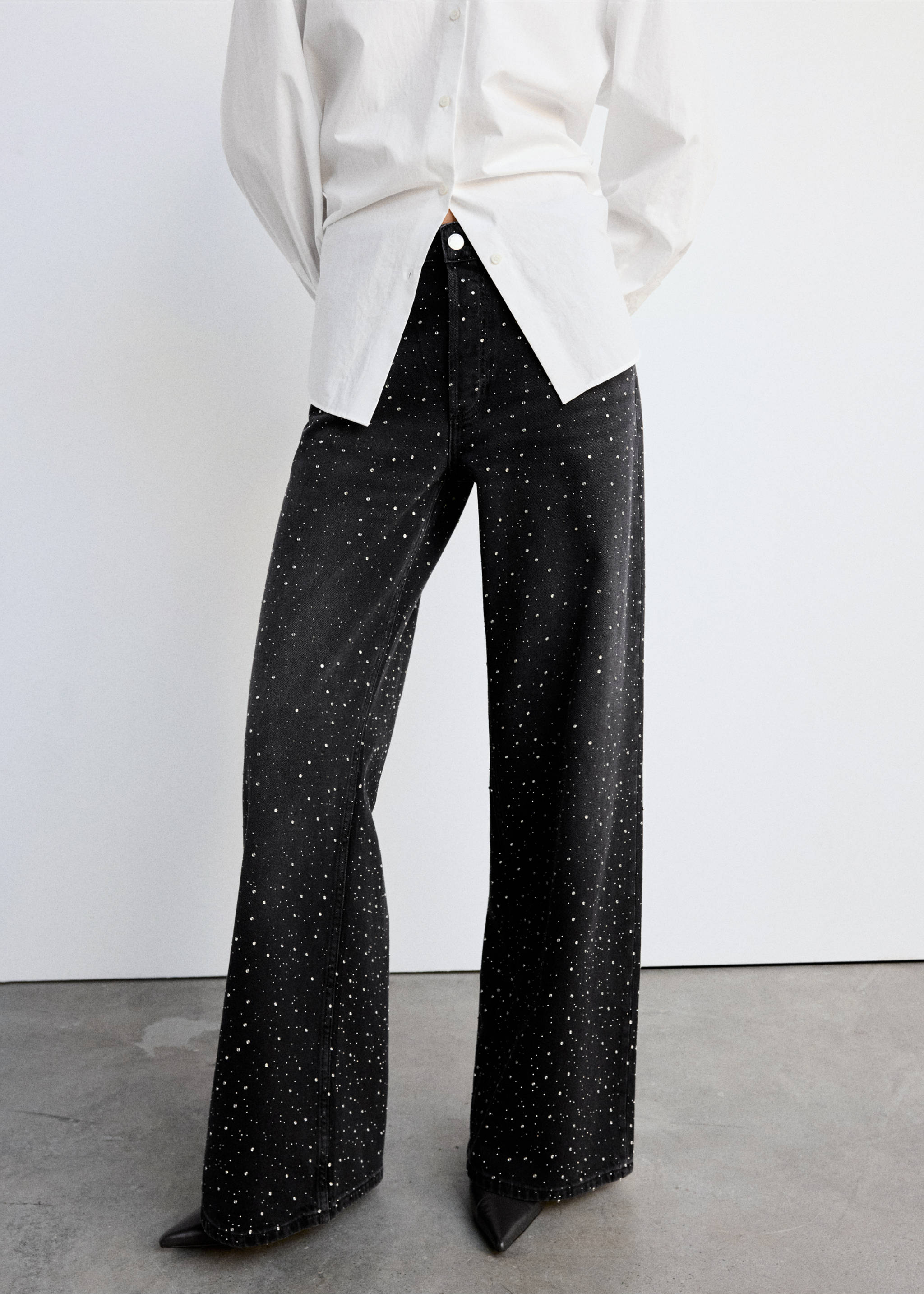 Wide leg jeans with rhinestones - Medium plane, Black denim. Ref: 37005898-00.