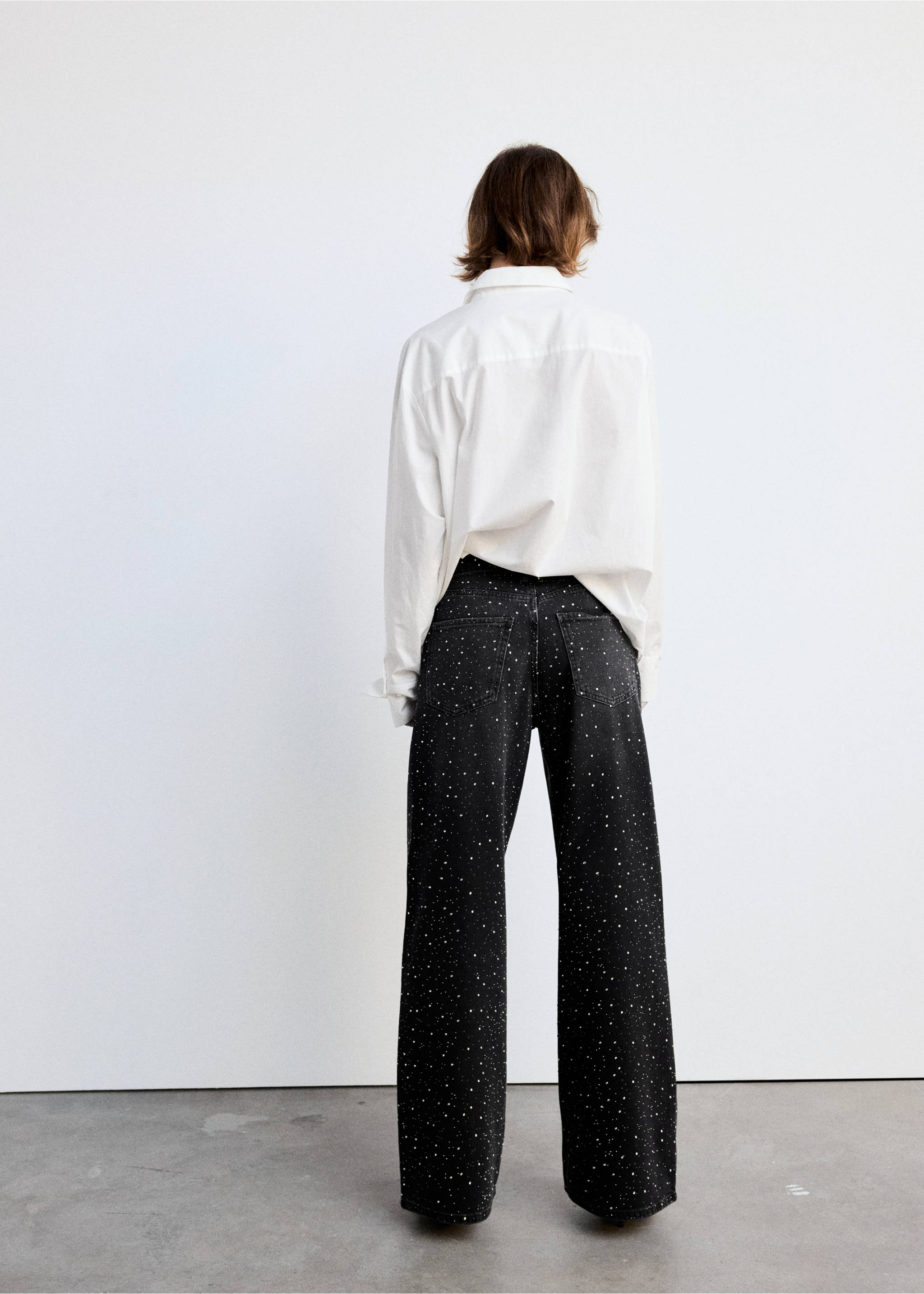 Wide leg jeans with rhinestones - Reverse of the article, Black denim. Ref: 37005898-00.