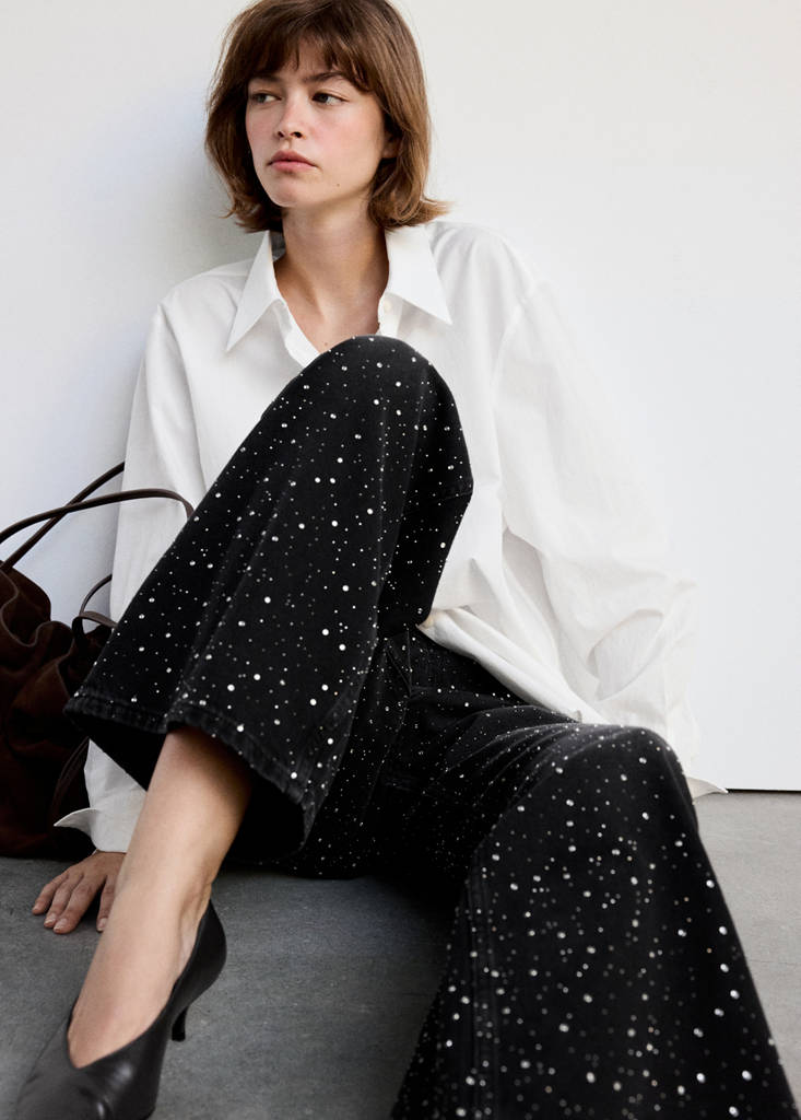 Wide leg jeans with rhinestones — Black denim