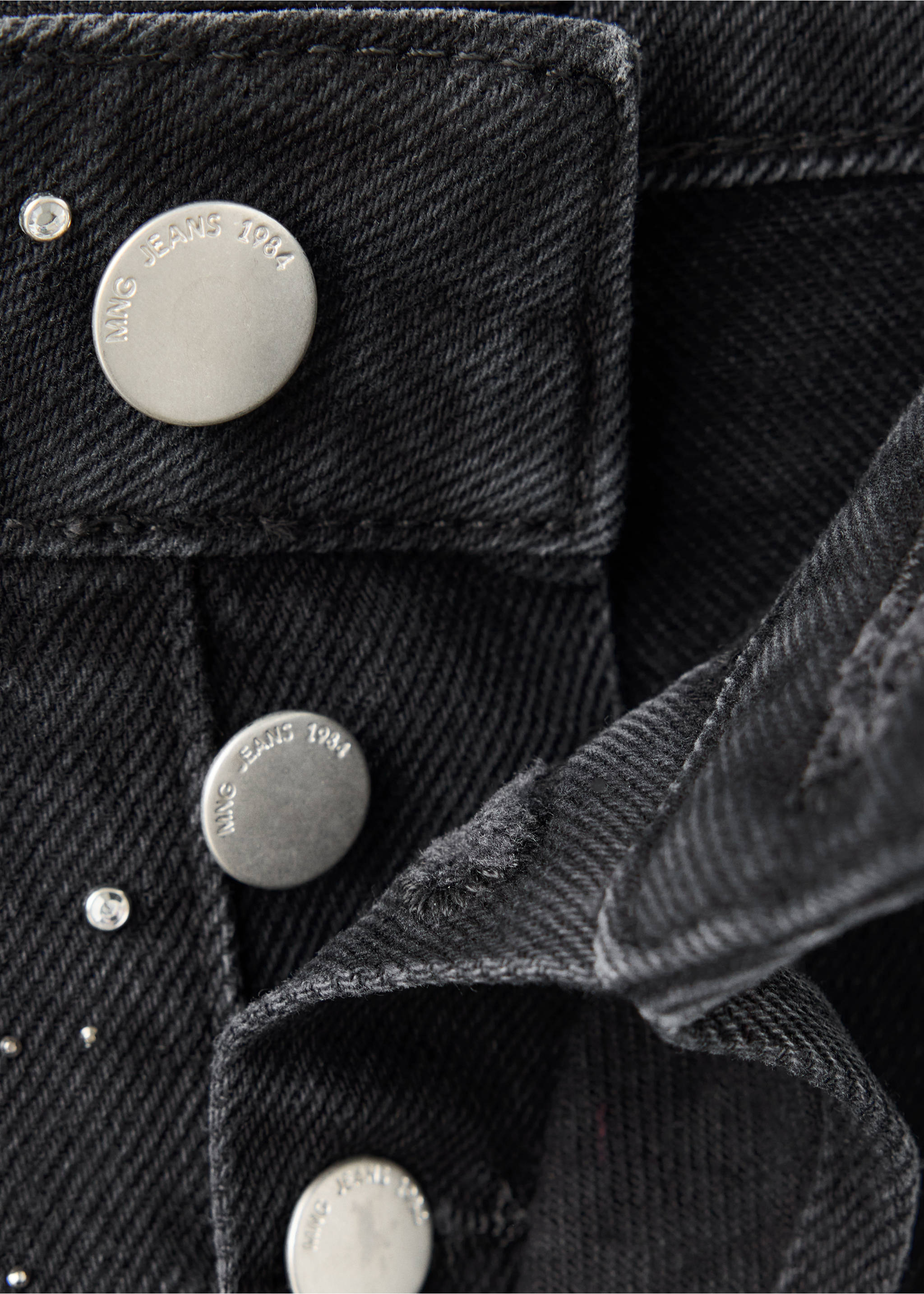 Wide leg jeans with rhinestones - Details of the article 8, Black denim. Ref: 37005898-00.