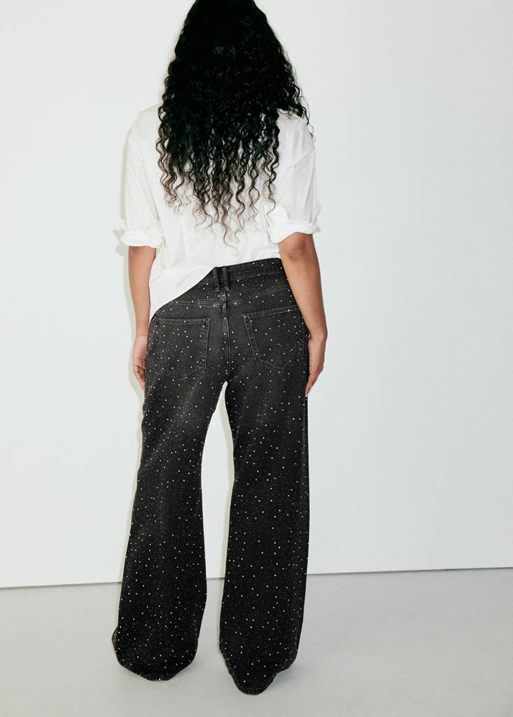Wide leg jeans with rhinestones — Black denim