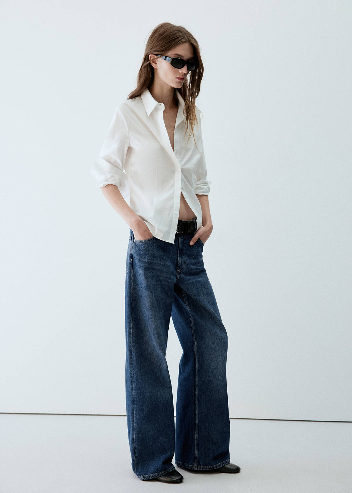 Wide leg jeans with rhinestones — Dark Blue