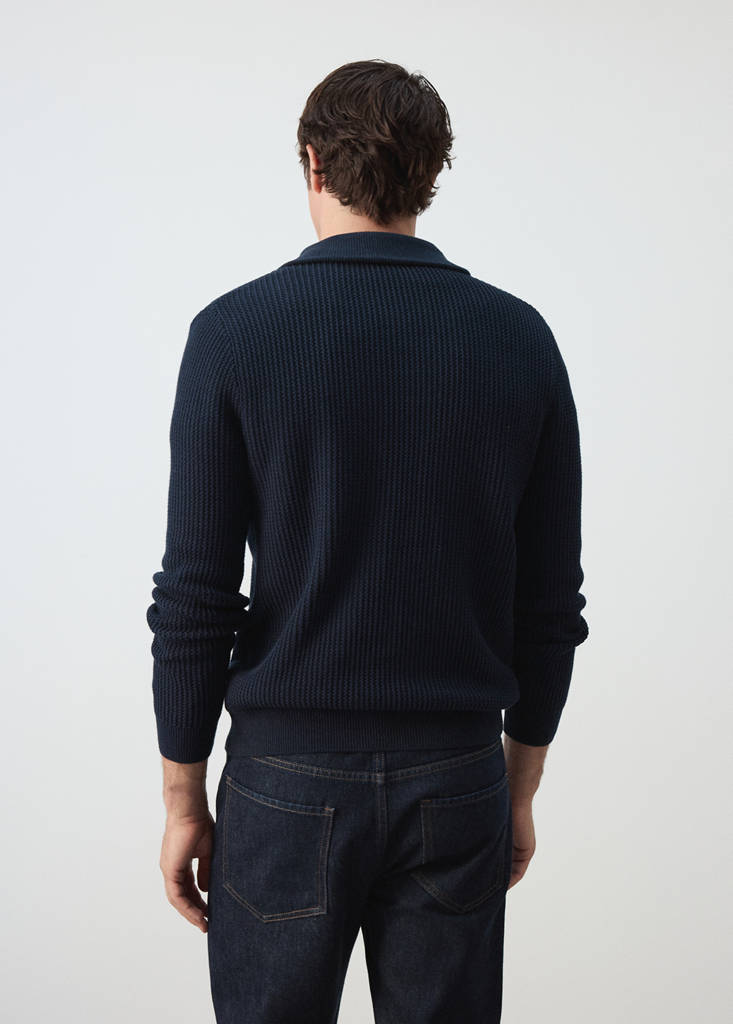 Fine-knit 100% cotton ribbed zip-up jumper — Navy