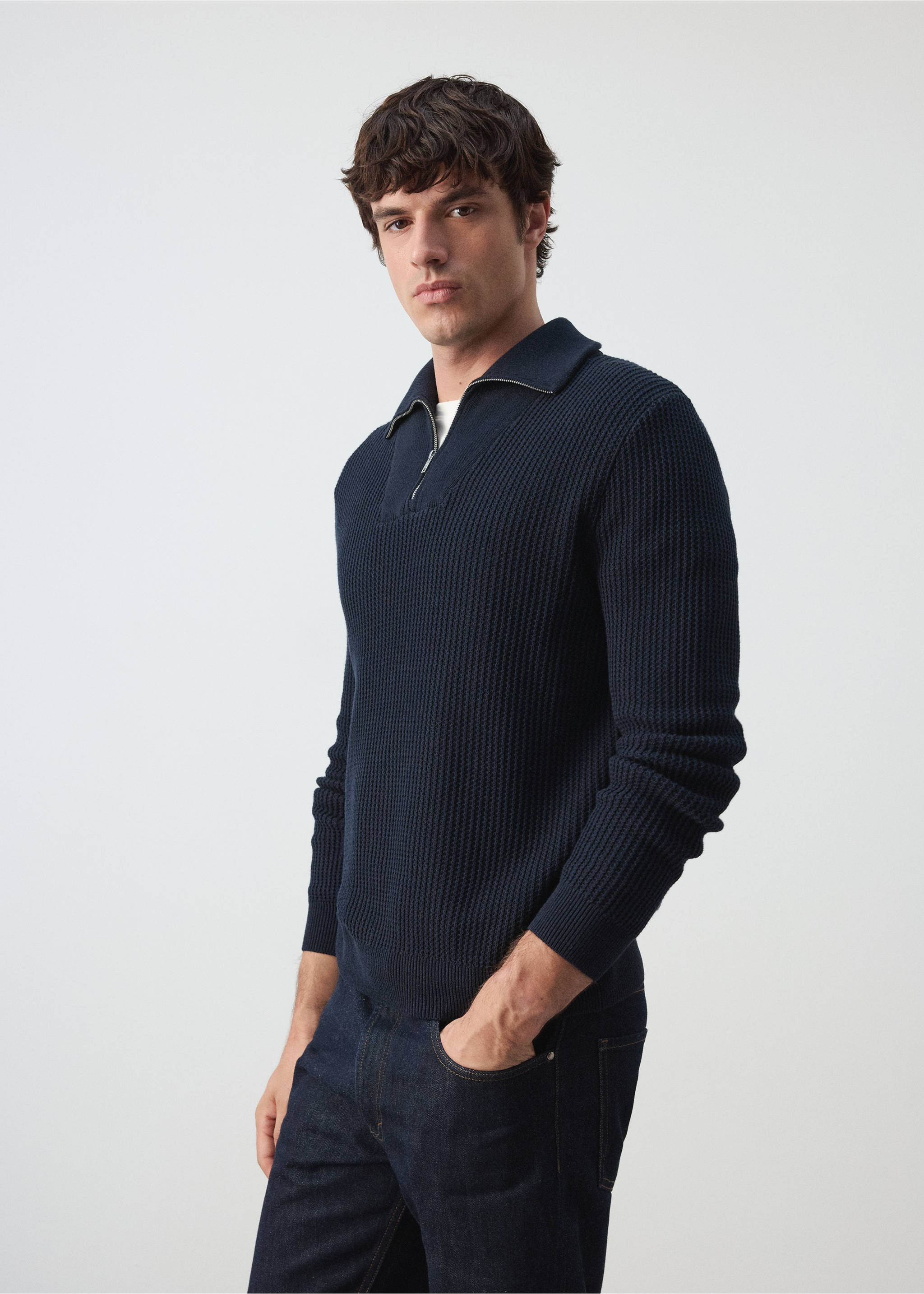 100% cotton ribbed zip-up polo shirt - Details of the article 2, Navy. Ref: 37005986-00.