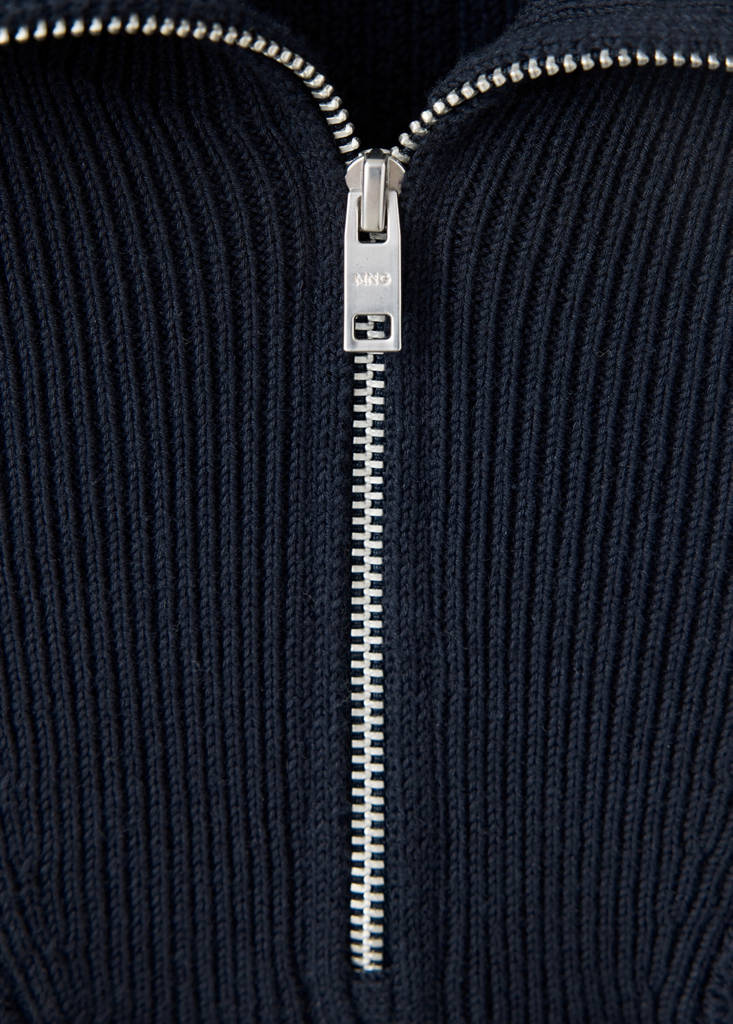 Fine-knit 100% cotton ribbed zip-up jumper — Navy