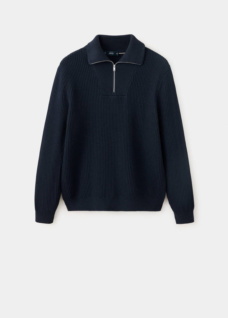 Fine-knit 100% cotton ribbed zip-up jumper — Navy