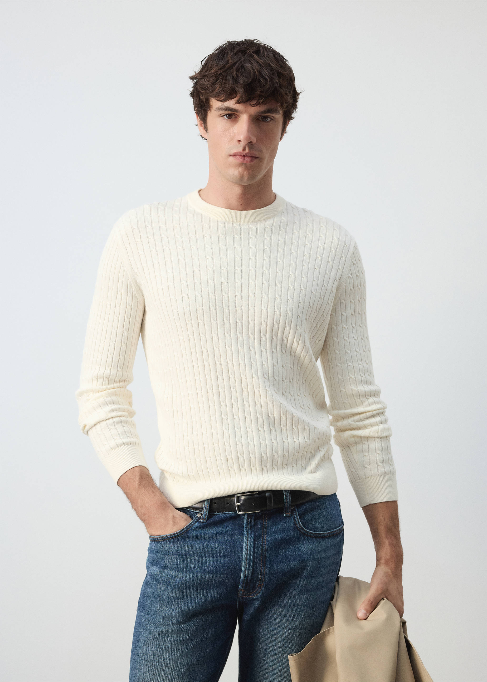 Cotton-lyocell blend cable knit sweater - Medium plane, Off White. Ref: 37005988-00.