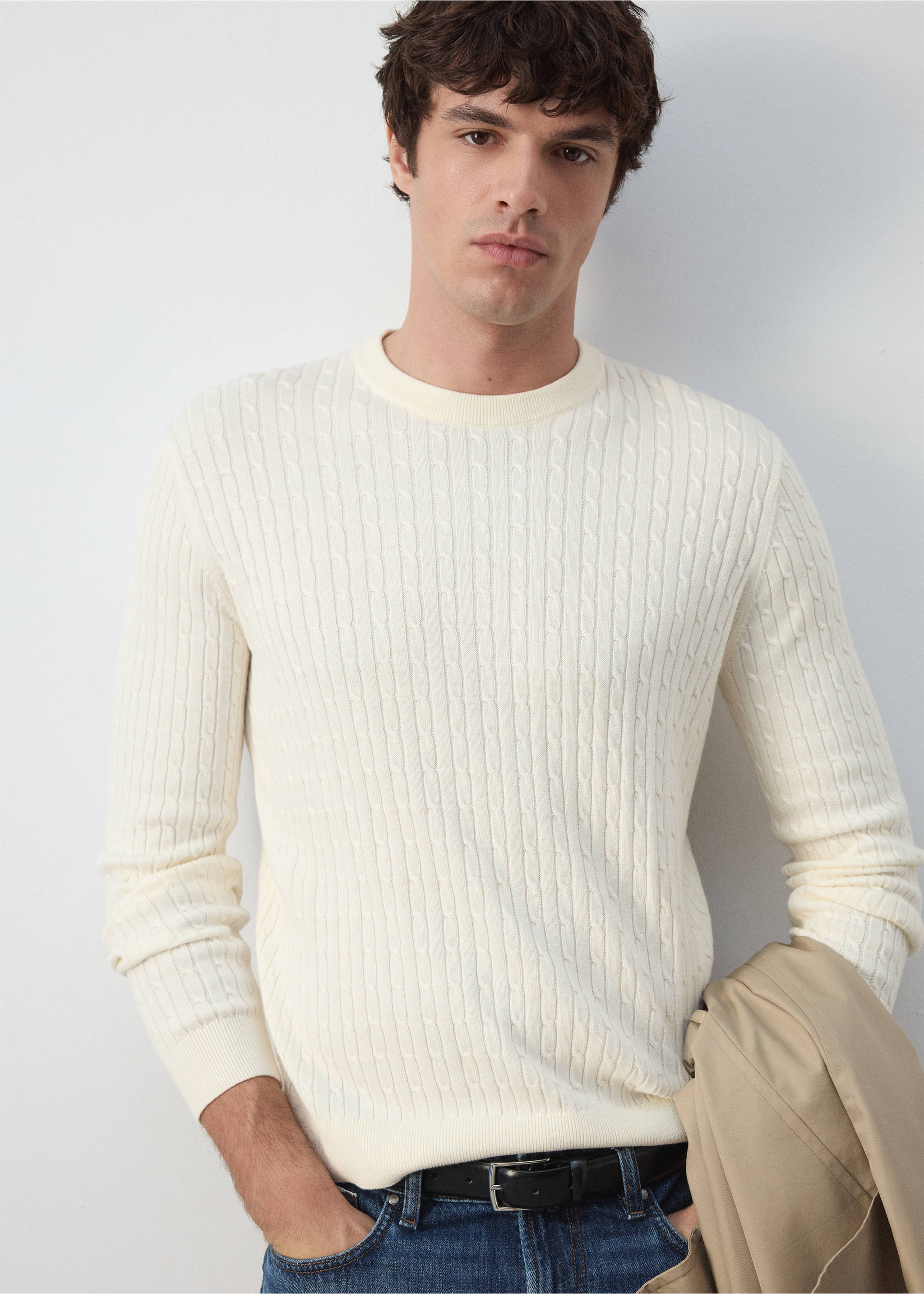 Cotton-lyocell blend cable knit sweater - Details of the article 1, Off White. Ref: 37005988-00.