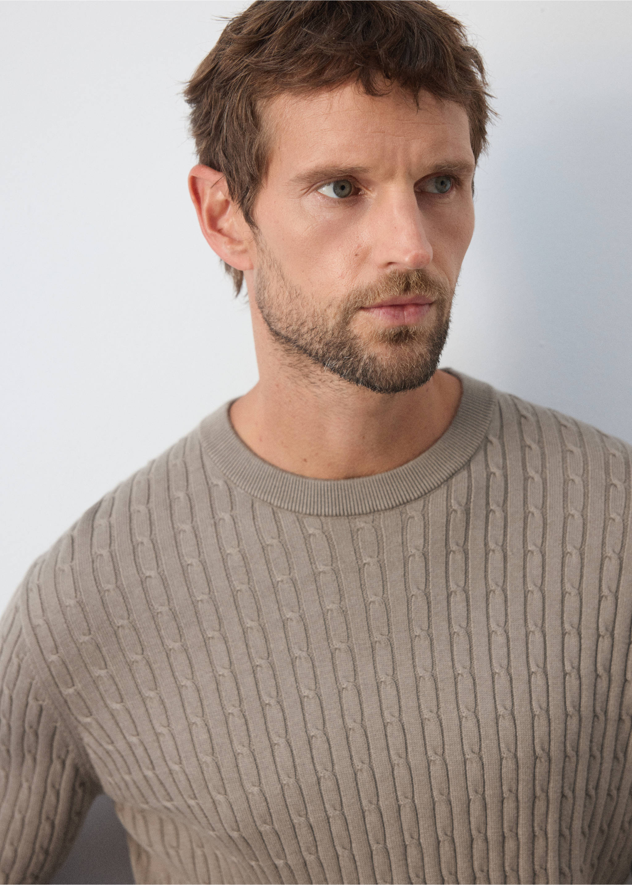 Cotton-lyocell blend cable knit sweater - Details of the article 1, Mink Grey. Ref: 37005988-00.