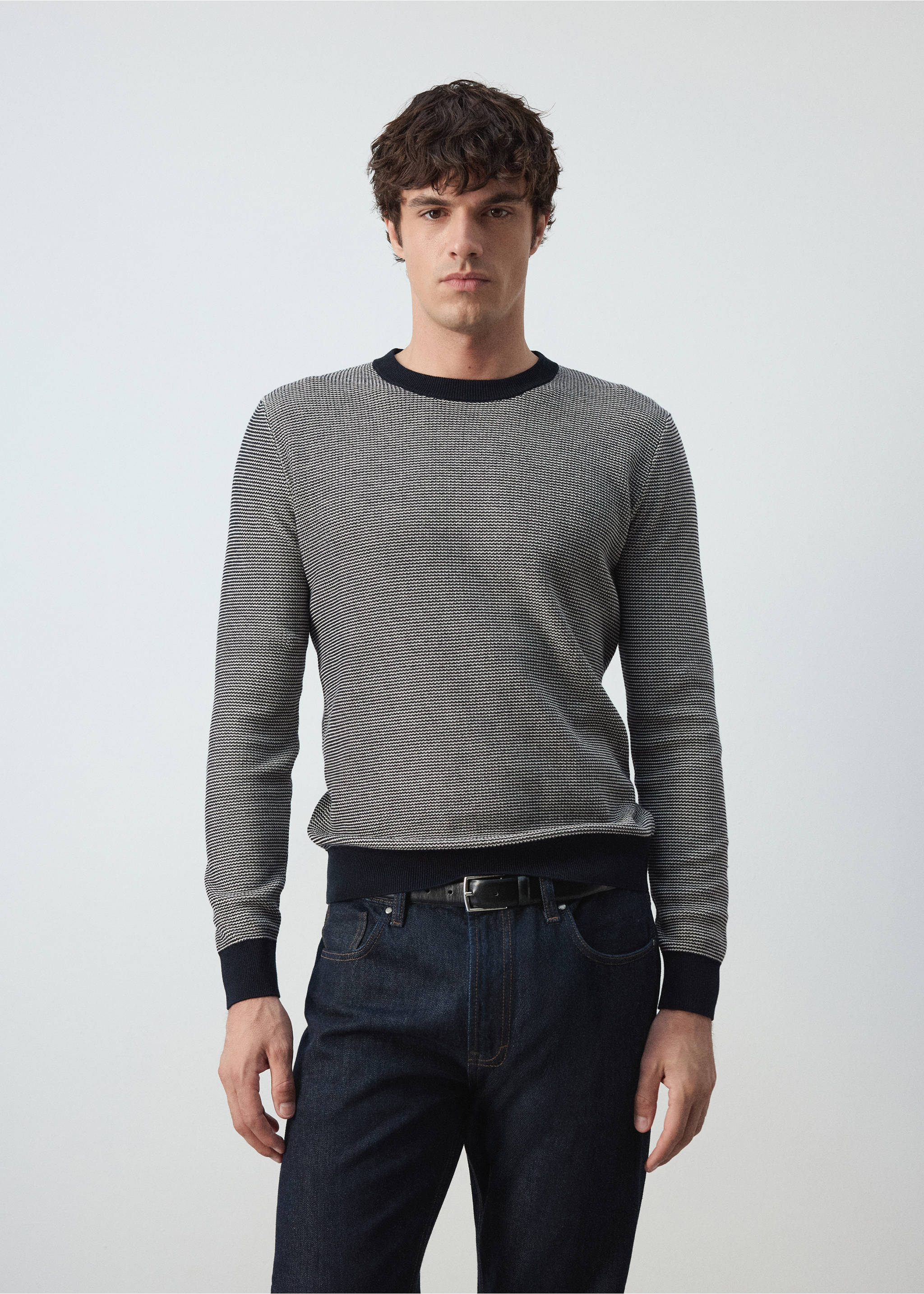 100% cotton fine-knit sweater - Medium plane, Navy. Ref: 37005989-00.